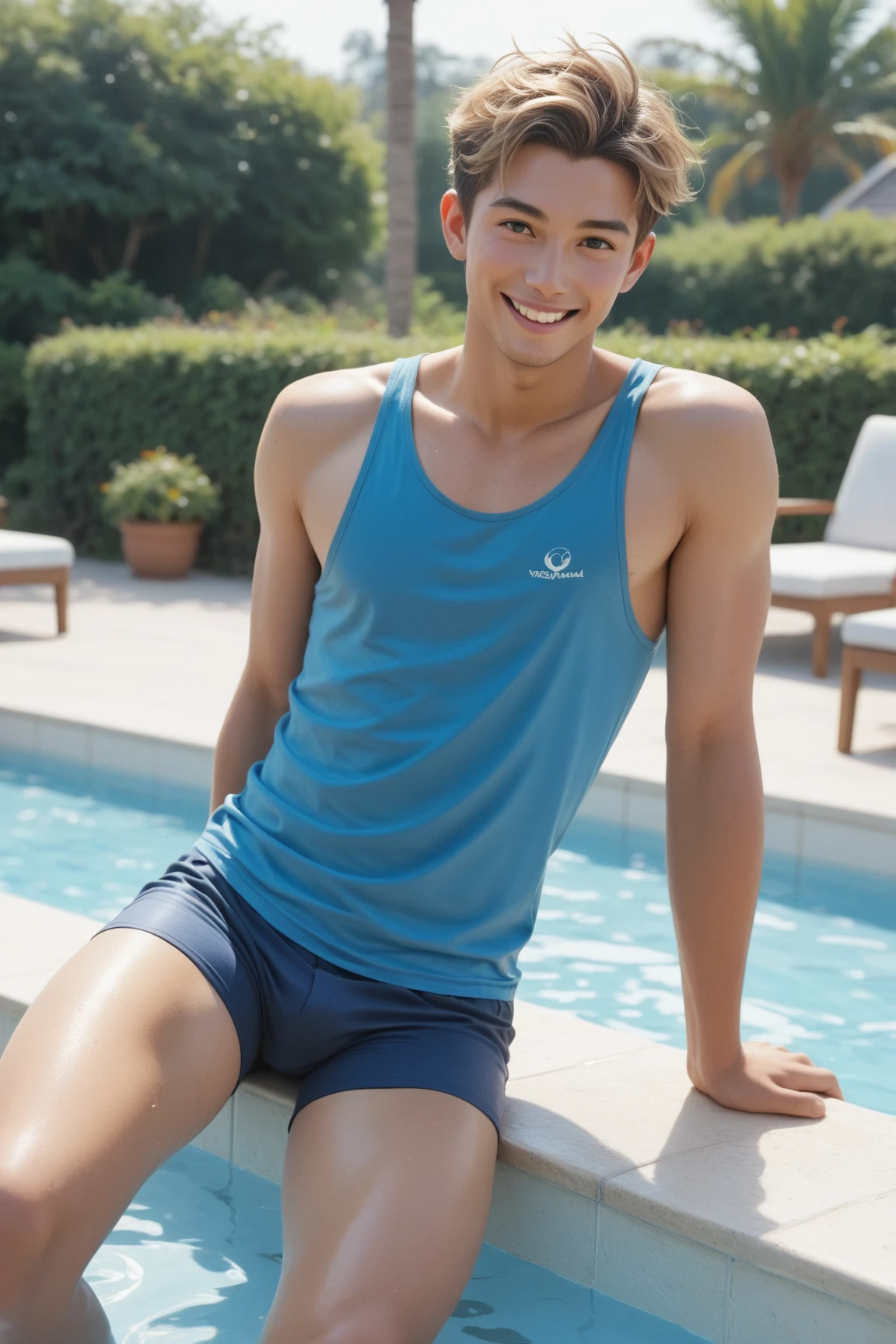 Beautiful Boy、Handsome、18-year-old、Japan boys、Black Hair、Pool、Groin bulge、,barefoot、Thin、Cute Boys、Butt、sit、Swimsuit