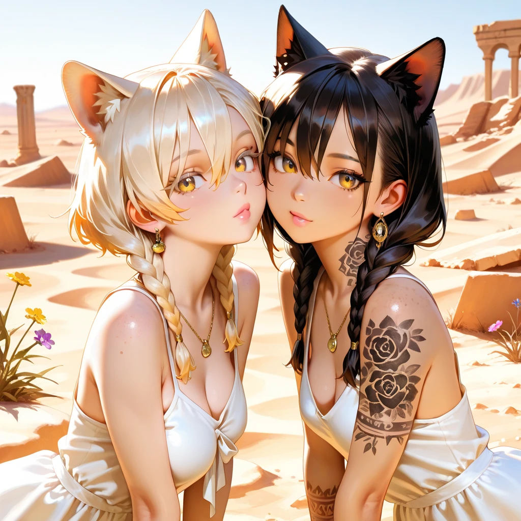 two women, in the desert dunes, Sunny Day , naked , ultra HD, 8K, body highly detailed, dazzling eyes, smallbreast, cat ears, short in stature