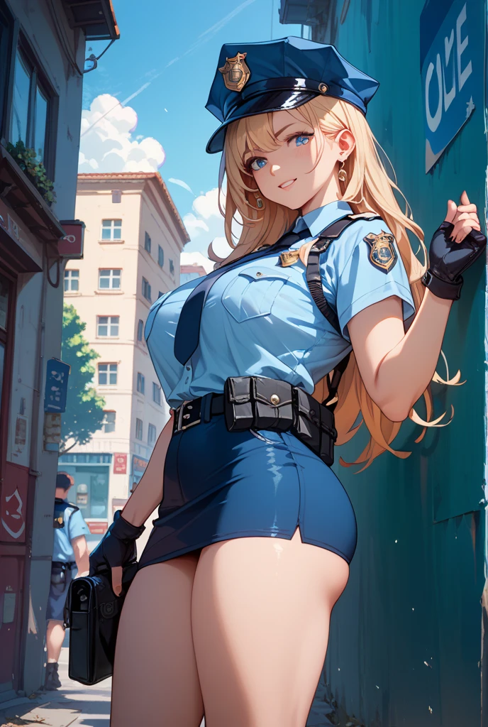 (High definition CG Unity 8k wallpaper). (masterpiece). (Highest quality). (Ultra definition). (Best illustration). (Best Shadow). (Absurd). Sweat. steam. stare. female police officer. She is 20 years old. Her hair is tied up. she is blonde. She is in uniform. Navy hot pants. She has a whip in her hand. she has big breasts. white background. she is squatting. She spreads her legs.