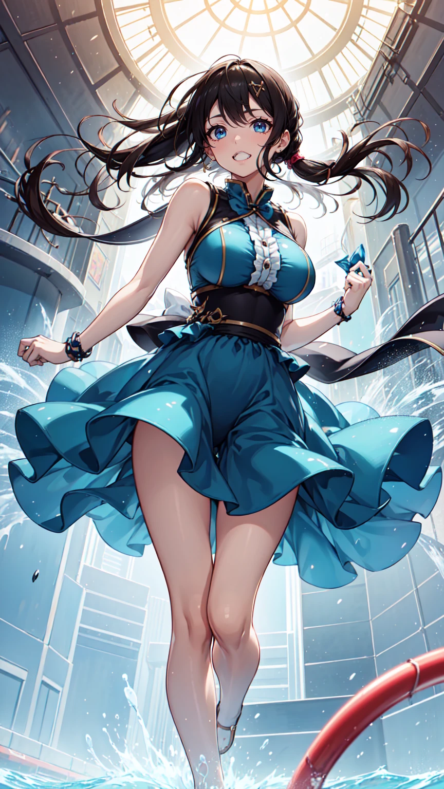 A beautiful woman with long brown hair and bangs, her eyes a mesmerizing blend of pink and blue, surrounded by a whimsical swarm of blue and pink butterflies, wearing a stunning white wedding dress, her expression radiating pure joy, (best quality,4k,8k,highres,masterpiece:1.2),ultra-detailed,(realistic,photorealistic,photo-realistic:1.37),intricate details,delicate textures,soft lighting,cinematic composition,warm color palette,glowing skin,elegant pose,graceful movement,dreamlike atmosphere