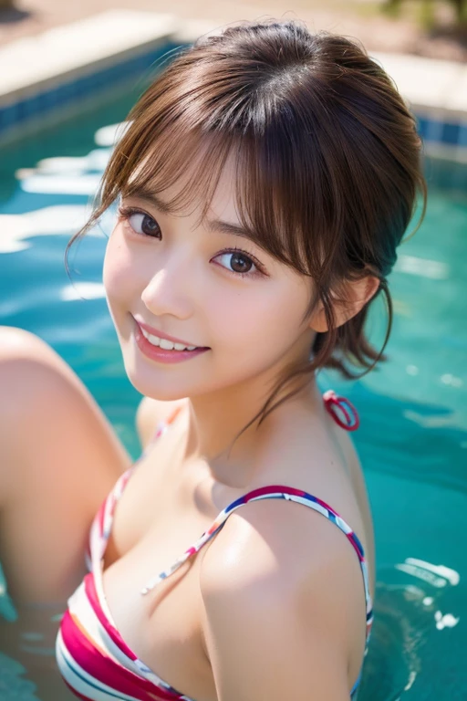 (Best Quality,4K, 8K, hight resolution, masutepiece:1.5), Ultra-detailed, (Realistic ,Photorealistic ,Photorealsitic:1.37), 1girl in, (Perfect body :1.5), Ultra-detailed face, Detailed lips, Detailed eyes, Sexy double eyelids, Beautiful detailed eyes, Beautiful detailed lips, sexy flirty pose, Hi-Res, Cinematic Angle, Professional Lighting, Unity 8k Wallpaper, Aesthetic, masterpiece, top-quality, Shy laughter, South Island, Waikiki, (Large Breasts:1.6), (Slim Body:1.5), (Cute Bikini:1.8), (18 years old:1.8), Ponytail hair,