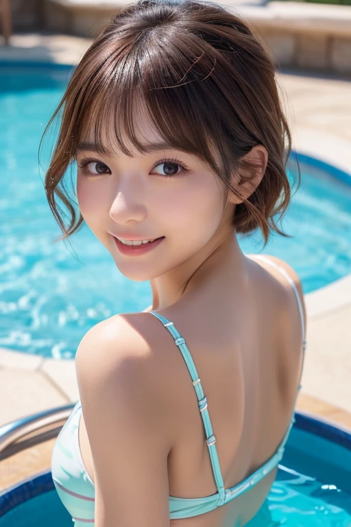 Skinny Japanese woman, age {30s|20s}, (detailed face), slight smile, (detailed eyes), {long|short} hair, slender shape, {red|blue} bikini, standing by a poolside, Enhance quality, quality maintains, real professional photograph, award-winning portrait, masterpiece, 16K UHD, high detail full-body view