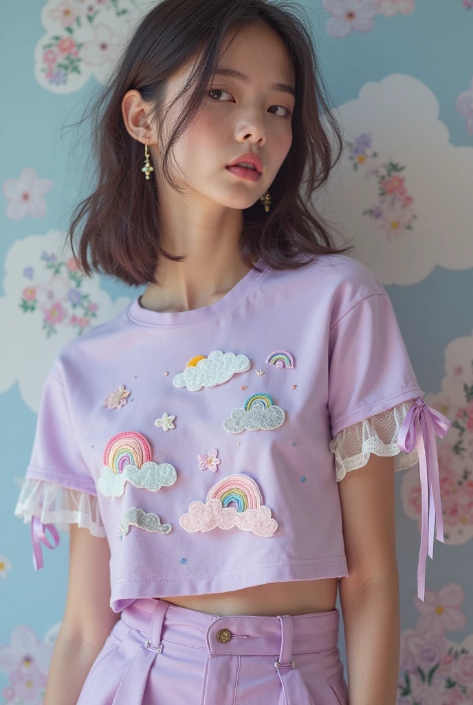 8k, RAW Photos, Highest quality, masterpiece, Realistic, Detailed face, Detailed skin, Warm color temperature, (Simple gray background:1.1), Beautiful Japanese Girl, (short hair:1.1), Asymmetrical bangs, Light brown hair, Full Body Shot, Front view, (One Girl:1.2), (Low length:1.1), height: 148cm, , skinny, (Light blue ruffled micro skirt:1.2), (Pink t-shirt for girls with a unicorn illustration:1.2), (Striped knee socks:1.2), Huge breasts, Fake breasts, smile