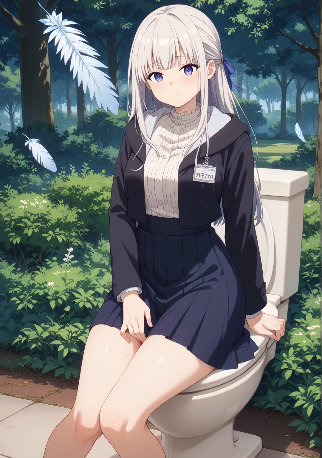 ((anime:)),((best quality)), ((highly detailed)),(((sketch:))) extremely detailed face, beautiful face,((1girl)),((solo)),(shiny skin),((full body)),(looking at viewer:1.25), hmhy1, low twintails, hair ornament, large breasts, red ribbon, collared shirt, sweater, labcoat, open clothes, off shoulder, long sleeves, flower, belt, white gloves, pleated skirt,(((skirt lift:1.25))) ,(thick thighs),((huge breasts:1.05)),(((pussy:1.35))),(((bottomless:1.25))),((outdoors:1.25)),,,((park,bench:1.5)),((sitting:1.35)),((sit on bench:1.35)),((nose blush:1.32)),(bad mood:1.05),:d, ((spread legs:1.45)),BREAK ((black thighhighs:1.15)),,BREAK (boots:1.15),(arms behind back),