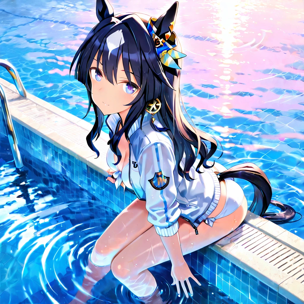 1 high school girl、Brown Eyes、Black hair bobby hair、A short white kimono over a navy blue swimsuit、barefoot、