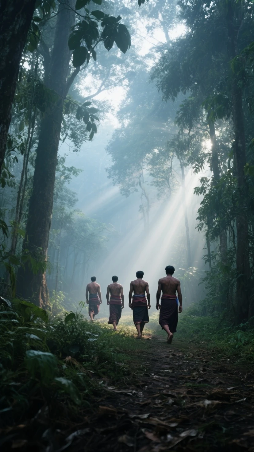 Two 20-year-old Cambodian boys carrying fire walk through the forest during the day View from above 8k