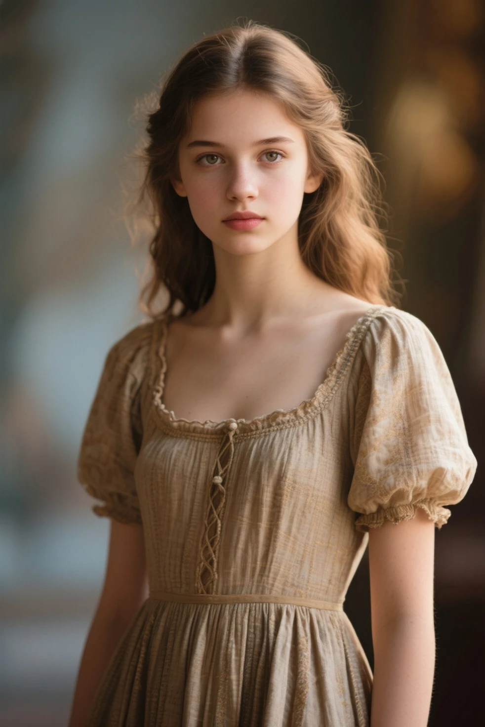 In a rococo atelier、(pecho plano). (10 year old girl). oil painting model、 Vistiendo un color beige , blue eyes, anorexic, demacrado!!!!!!!!!!!!!, muy flaca!, diminuto!. muy detallado, 8K, 1 chica, huesudo!!!!!!, Rubio gris Bicolor_cabello, , , (perfecto_rostro), Complejo, dramatic lighting, 4k, detallado_Fondo, caustics, retrato, , a partir de una_Side