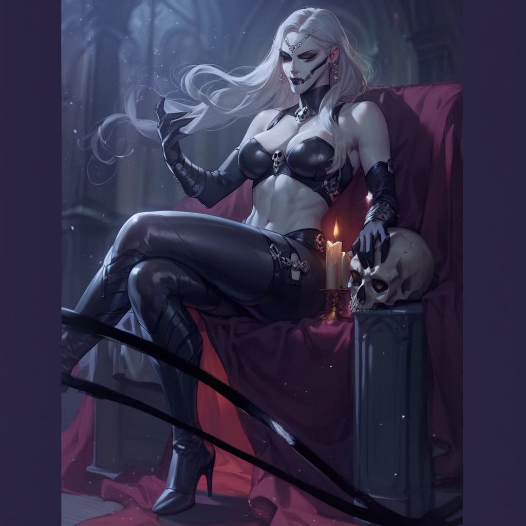 (Lady Death:1.2), (white skin, grey sclera, long white hair, white iris, dark red lipstick), (DefaultOutfit:1.2), (2 pc. Black string bikini, miniature skulls on the hips of the bikini bottom amd one skull in the middle of the bikini top:1.5), (castle, inside a castle, light from fireplace creates rim lighting on her side), (realistic:1.2), (masterpiece:1.2), (full-body-shot:1), dark romantic lighting, (highly detailed:1.2),(detailed face:1.2), (gradients), gothic, detailed eyes, (rim lighting:1.2), (powerful pose:1.2), (solo, one person, 1girl:1.5),