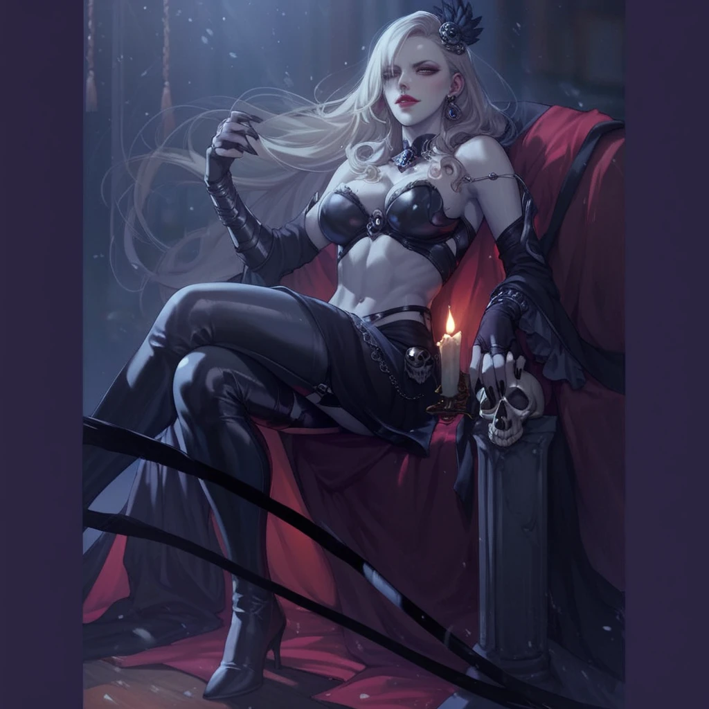 ultra realistic 8k cg, Full body,masterpiece, ((ultra detailed background, delicate pattern, intricate detail)), sitting, formal, serious, glowing red eye, queen, goddess, divine, cursed, dark fantasy, (hair over one eye), (((malevolent shrine, dark water, night, red moon))), absurdly long hair, very long hair, white hair, looking at viewer, large breasts,  breasts out, lace, lace trim, lace-trimmed legwear,DPM++ 2M Karras,Perfect World v5 --auto --s2