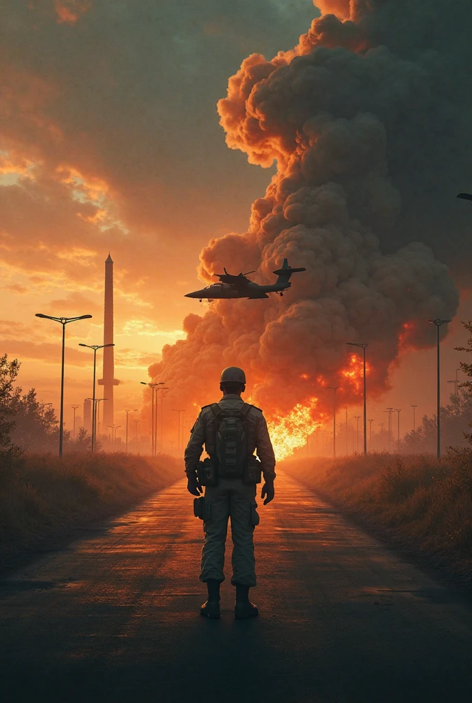 War Concept. Military silhouettes fighting scene on war fog sky background, World War Soldiers Silhouette Below Cloudy Skyline At night. Battle in ruined city