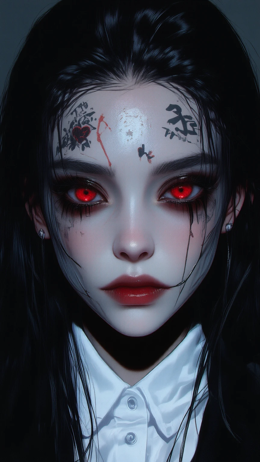 
female character, horror manga theme. Do just the face, 2D style, drawing with pencil strokes, easy to draw. Um olho inermelho saindo sangue, and the other demon eye. one eye slightly bruised. bleeding mouth. Assassin expression, who thought what he just did was cool, I.E, killed someone.in