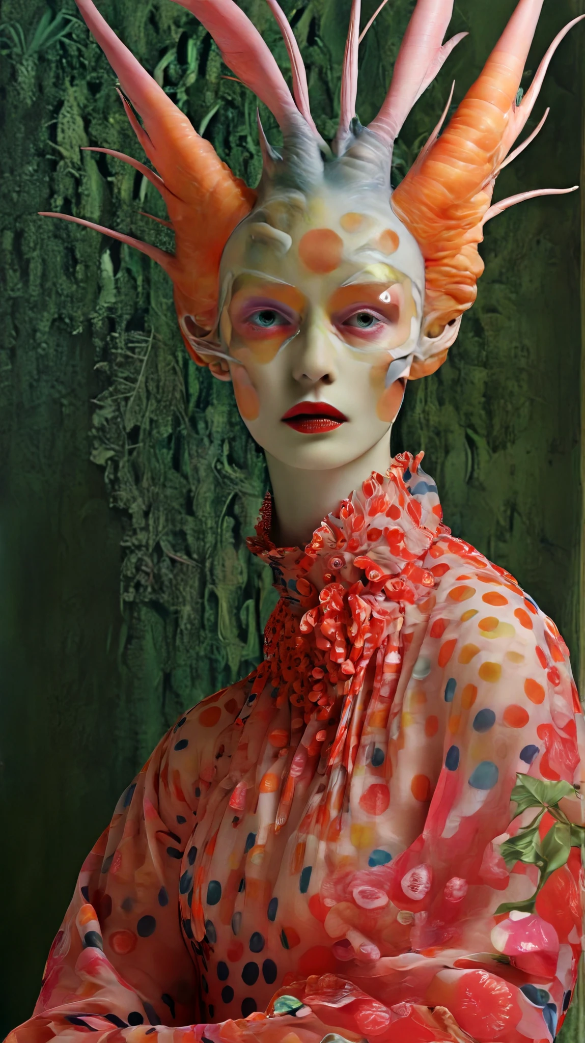 Tim Walker inspired, fashion photography, whimsical settings, surreal elements, creative storytelling, vibrant colors, (detailed face:1.05), hyperrealistic, photorealistic, until, masterpiece