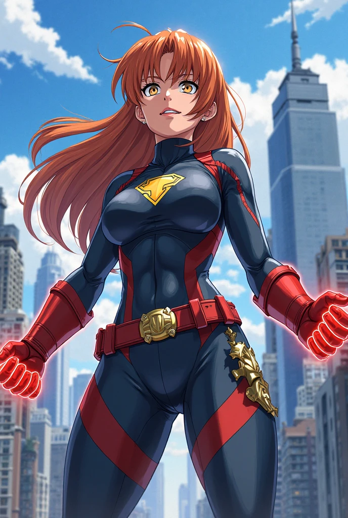 female all might, muscular, abs, (full body suit), superhero, city scape, ((flying in sky)) , ((my hero academia style)), (red cape), (blonde), (blue eyes)