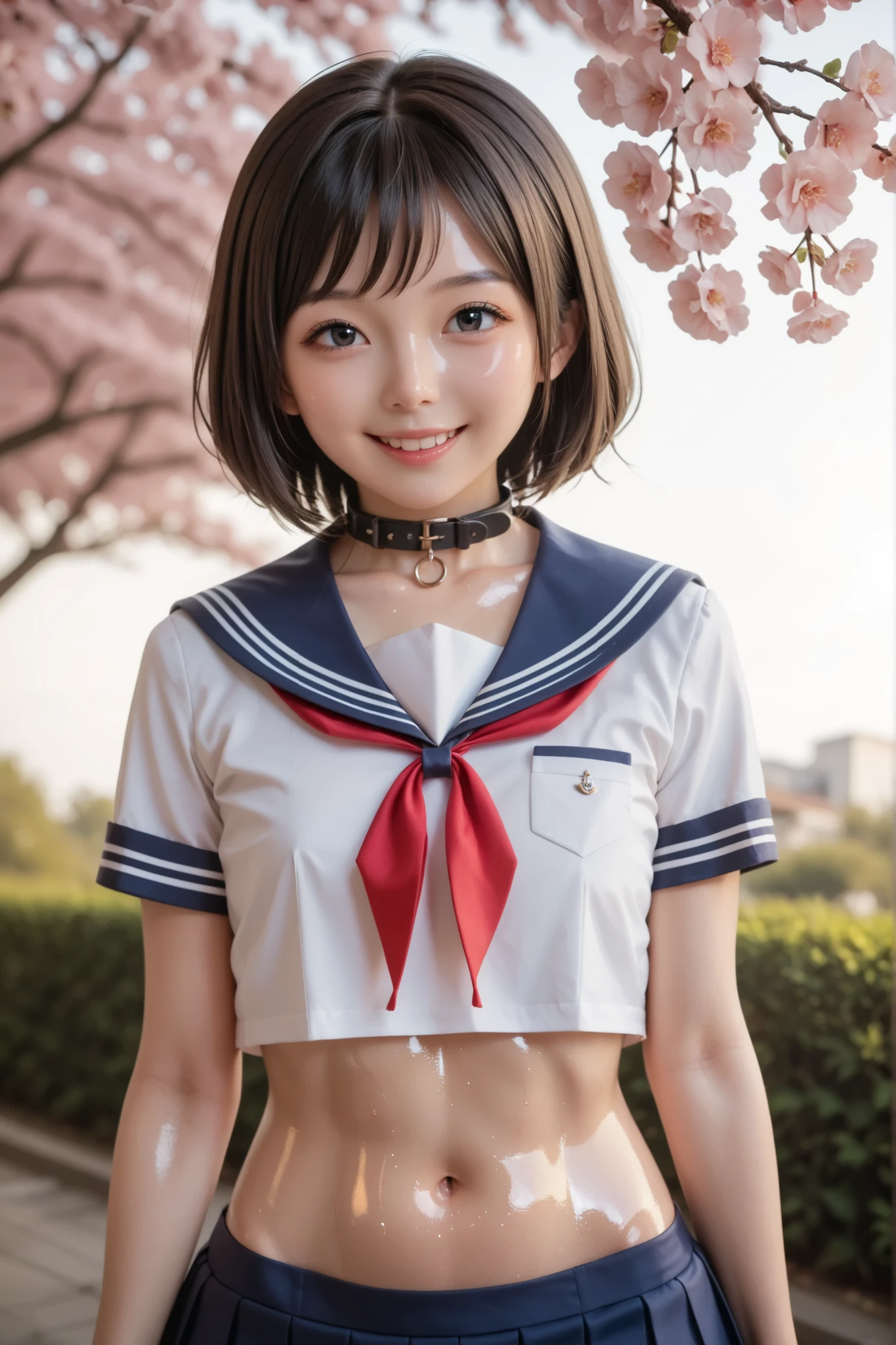 photo shoot with beautiful standard breasts, most beautiful Japanese model, female model, (tall and thin:1.5), 4K、bungs、blonde hair , short hair, bob hair, straight hair holding people's arms、(white short sleeve sailor suit:1.5, The color of the collar is dark blue :1.5, Red ribbon on chest:1.5, belly button out:1.2,navy blue pleated mini skirt:1.2), ( Idol Style Cute Face:1.4), upper body, Slim and Beautiful Figure, sexy, flat chested:1.5, smile, The background is a row of cherry blossom trees, ( RAW photos , Highest Quality, masterpiece, Super Detail, Ultra High Definition, realistic) , (((Shiny Oiled Skin:1.5 , shiny skin :1.5))) ,