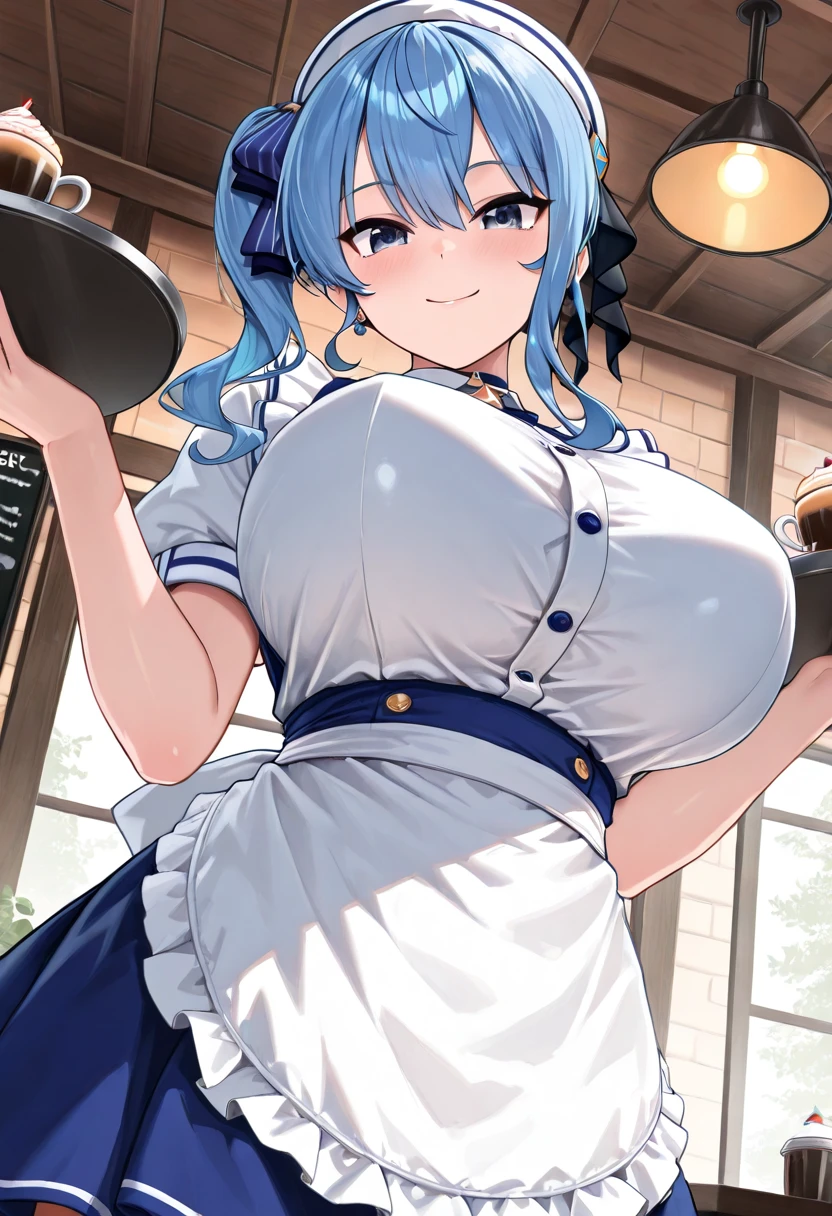 Roxy、blue hair、table top、High resolution、lots of girls、multiple girls、large crowd、かわいいlots of girls、big and full breasts、naughty body、underwear only、See-through、throw、、whole body、Are standing、looking up at me、confused face、blush、black pantyhose、female shape'Private parts are clearly visible、I can see the nipples、white shirt、Maid clothes、waitress uniform、micro mini skirt、very short skirt、Department store、shop、Many people々、in the crowd、bare chest、show your chest、from below、Low - Angle、Holding the tray、put the chest on the tray、A lot of milk comes out from the nipples、Breast milk splatters from the nipples、pour breast milk into a glass cup、A lot of breast milk spills from the nipples、White drinks、beret