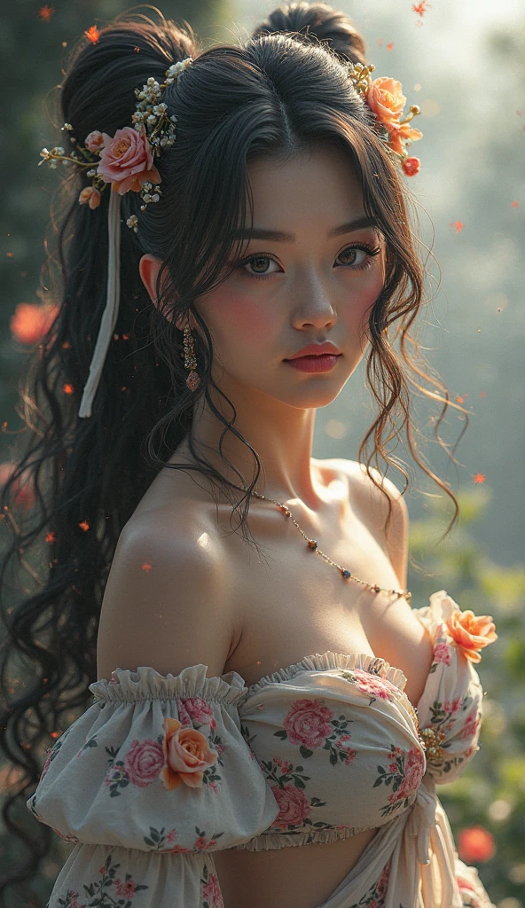 (masterpiece:1.2, best quality), (finely detailed beautiful eyes: 1.2), ((1girl)), ((solo)), (red eyes:1.4), (finely detailed eyes and detailed face:1.3), (beautiful and clear background:1.2), (extremely detailed CG, ultra-detailed, best shadow:1.1), ((depth of field)), ((watercolor)), (neko:1.5), (casual clothes:1.3), large breasts, bare shoulders, flowers and petals, beautiful concept illustration, (white background:0.5), (illustration:1.1), (extremely fine and beautiful:1.1), (perfect details:1.1), from side, cowboy shot, face focus
