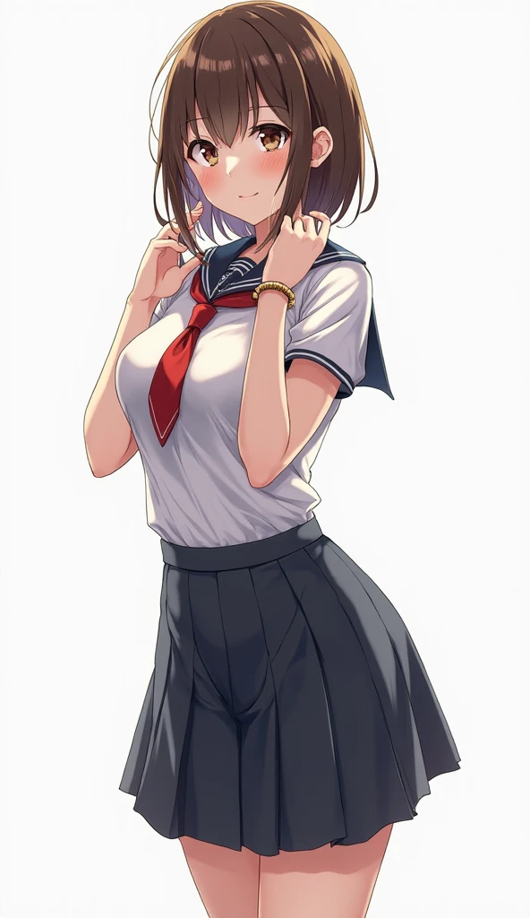 masterpiece、top-quality、detaile、hight resolution、extremely delicate and beautiful、Short bob with black hair、simple background、upper body closeup、beutiful breast、White cutter shirt、red necktie、Red checked miniskirt、Black tights、Smile