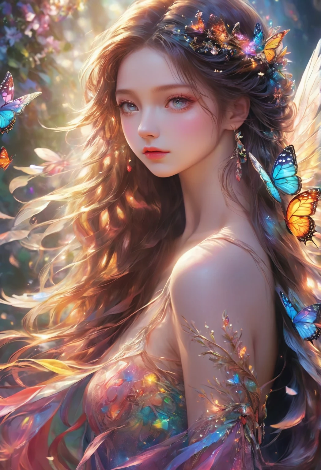 ((((Important: This image should be colorful and utilize all colors of the rainbow.)))), (((masterpiece))), (((best quality))), ((ultra-detailed)),(highly detailed CG illustration), ((an extremely delicate and beautiful)),cinematic light, Create a stunning fantasy artwork that mimics the style of currently trending masters of the genre. The art piece should contain elements of both mythic fantasy and fairytale fantasy with colorful accents. The character in the artwork is a delicate but strong figure with an aura of mystery and magic. The character should be with subtle breasts. Pay close attention to intricate facial features, such as mesmerizing eyes with vibrant colors and delicate shading. The character's clothing should be designed with gossamer feathers, silk, stunning embroidery, and subtle iridescent details. Incorporate vibrant colors, dynamic lighting, and detailed background elements to create a sense of awe and immersion. Include colorful flying magical birds and jewel-toned butterflies radiating a magical aura. Consider the latest trends in fantasy art, such as incorporating unique lighting effects, exploring dynamic and compelling composition techniques, and experimenting with unique color palettes. Take inspiration from the top artists on ArtStation and Midjourney. Camera: Choose an angle that highlights the character's beauty and enhances the magical majesty of the artwork. Lighting: Utilize atmospheric lighting techniques to create depth and mood. Resolution: Aim for a high-resolution artwork to showcase intricate details and clarity. Art Inspirations: Seek inspiration from the trending artists on ArtStation, exploring different styles, genres, and themes.