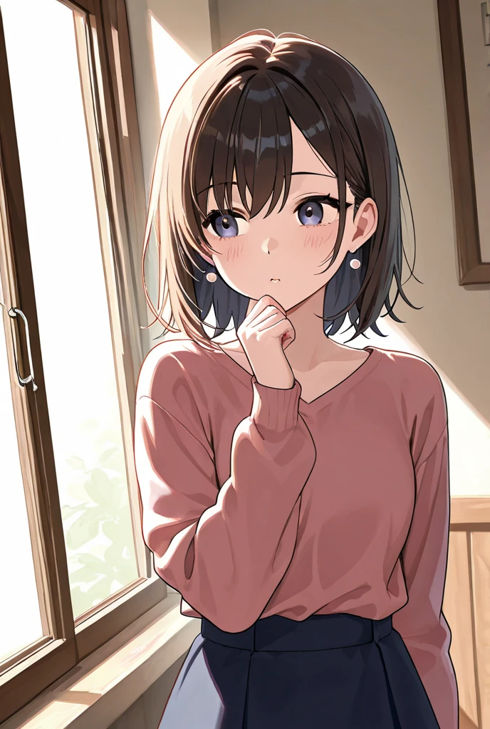 girl, short half hair, brown hair, blue eyes, smile, sitting in a house