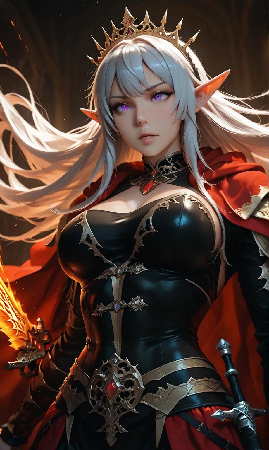8k,White curly hair with vampire fangs,Close-up of a queen with very large breasts(Ultra-realisticな肌), so beautiful(Like the real thing),Elf Ears,2. 5D CGIファンタジーアートワーク,Portrait of the Queen of the Underworld, Highly detailed art gems, Types of bacteria ; 3D Unreal Engine, demon queen, Big blow Loss Draw, Up to the model | Types of bacteria, Beautiful Succubus　Surreal　Exact details,Ultra-high resolution,Ultra-realistic,Gorgeous black and gold pants,Sexy Costumes,Intricately crafted demon crest,A muscular and slim macho man,Muscular, slim-legged macho man,Rich colors, Backlight, Cinema Lighting, Film Grain, 50mm lens, Nikon D850,Ultra-high resolution,Ultra-realistic,compensate,Super sexy,smile,The abdominal muscles are strongly defined,Big eyes,Very large breasts,whole body muscular,,Super is the moon 8 Strong abdominal muscles,Dark purple eyeshadow,God of,Dark Purple Rouge,Sharp eyes,Golden Eyes,Red devil horns,Top view,close,Very large breastsの谷間を強調する,Gorgeous red and black long coat(Leather goods),