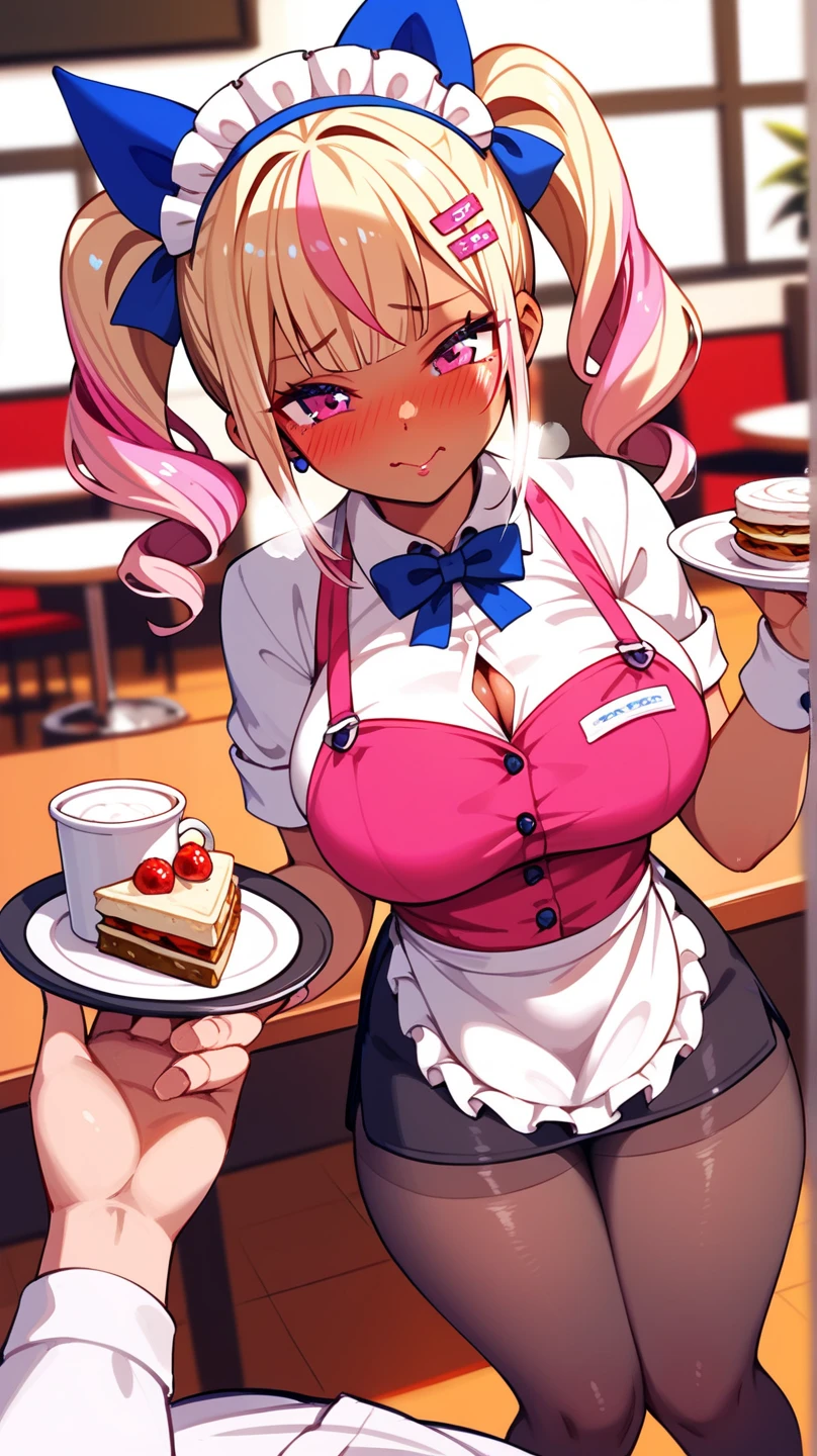 ((2 girls), solo, clevage, Big round breasts, trendy, stylish, clevage, thighs, hips, realistic, pink hair, blonde hair, light green eyes, lip gloss, detailed face, amazing big eyes, eye details, big lips, eyebrow details, blush, naughty, mischevious face, HD, good quality, kitchen, baking cookies, chocolate chip cookies, messy flour, pink apron, pouting lips
