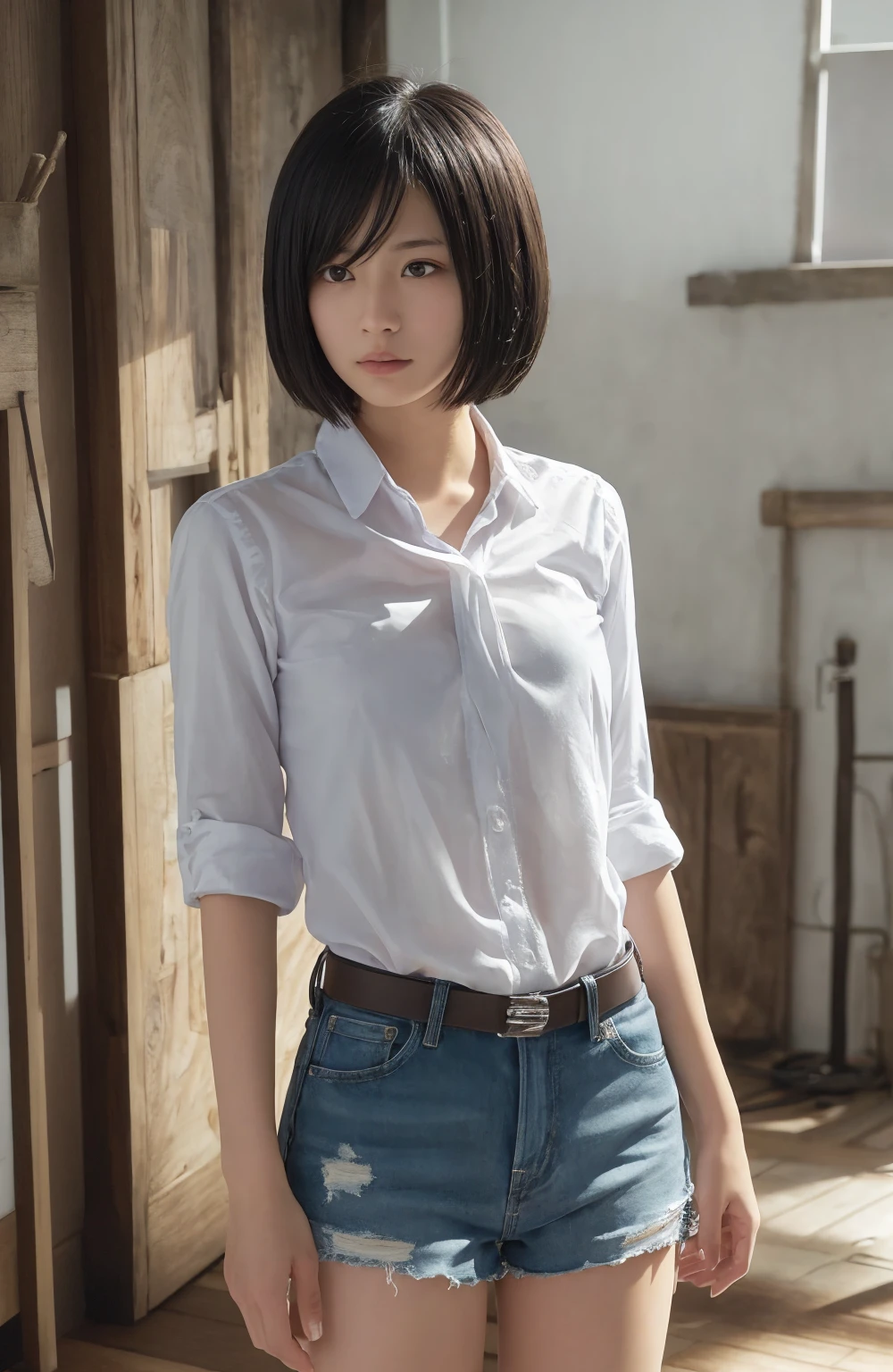 A photo of a young, nerdy woman sitting in a caf, wearing a white shirt and a bow, surrounded by a cozy atmosphere, looking at the viewer. short hair, slender, red lips, transparent fabric, flirting with the camera --auto --s2