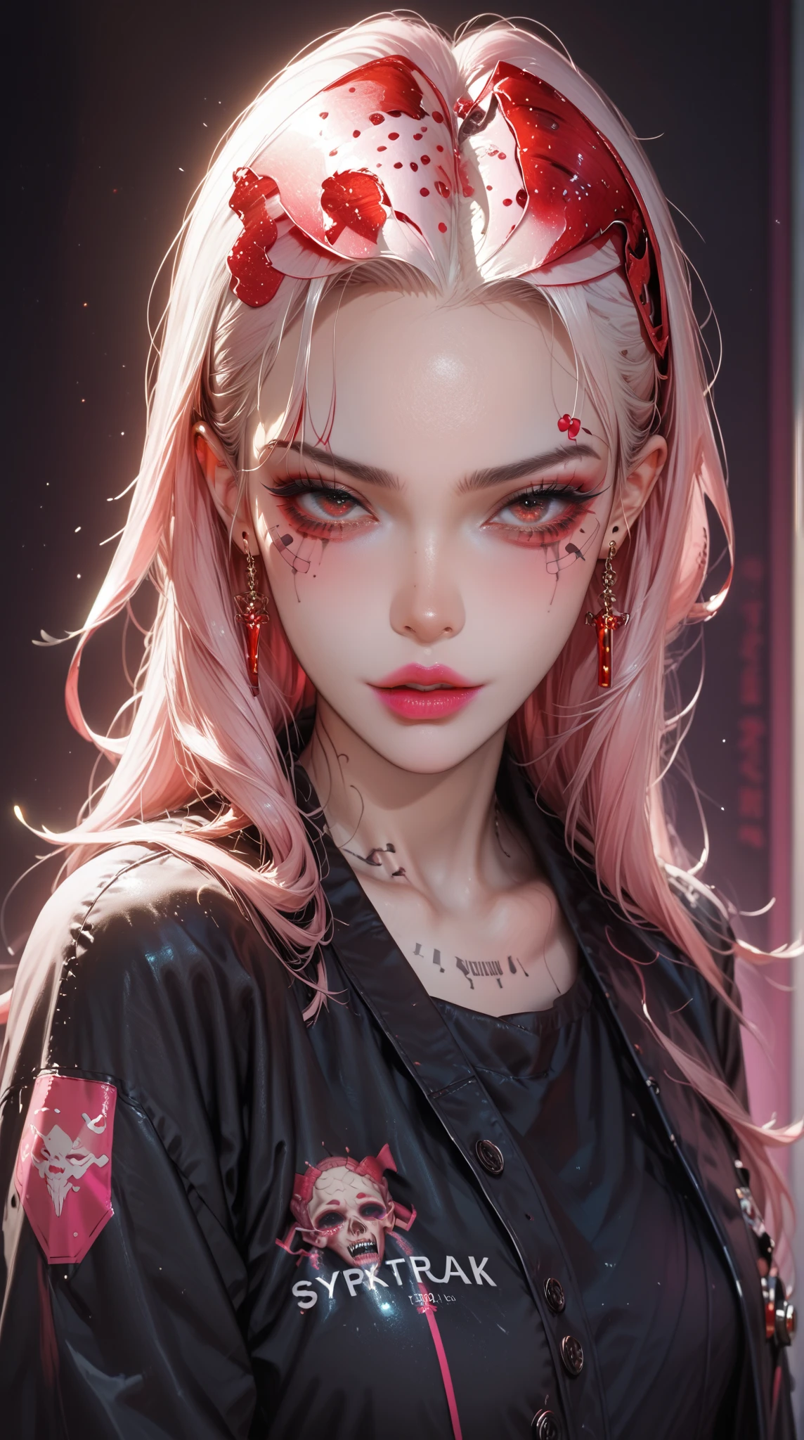 ((top quality, 8 thousand, masterpiece:1.3)) Korean woman, disorderly,receive the light,(pink ponytail), dark eyeshadow, black lipstick, Gothic makeup, (Smudged makeup: 1.3), beautiful and delicate hair,delicate red pupils, (massive accentuated super huge enormously gigantic tits: 1.7) , In a dark cave, Red tattoo, very pale skin, Smudged makeup, indifferent expression, red circle lenses, goth style clothes, monochrome, (smeared eye line: 1.6)