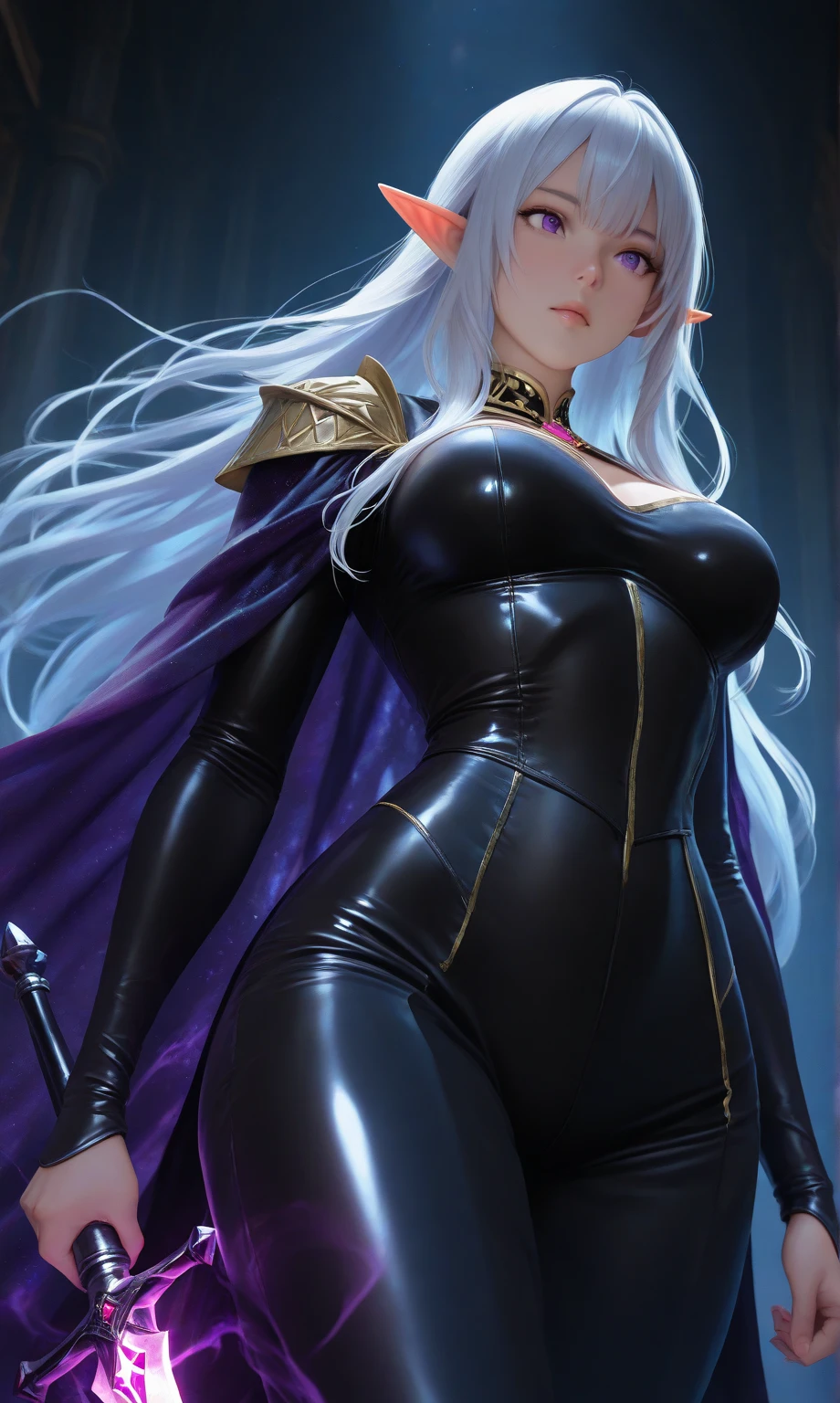 ((light purple skin)), girl elf, long ears, pointy ears, big breast, tall