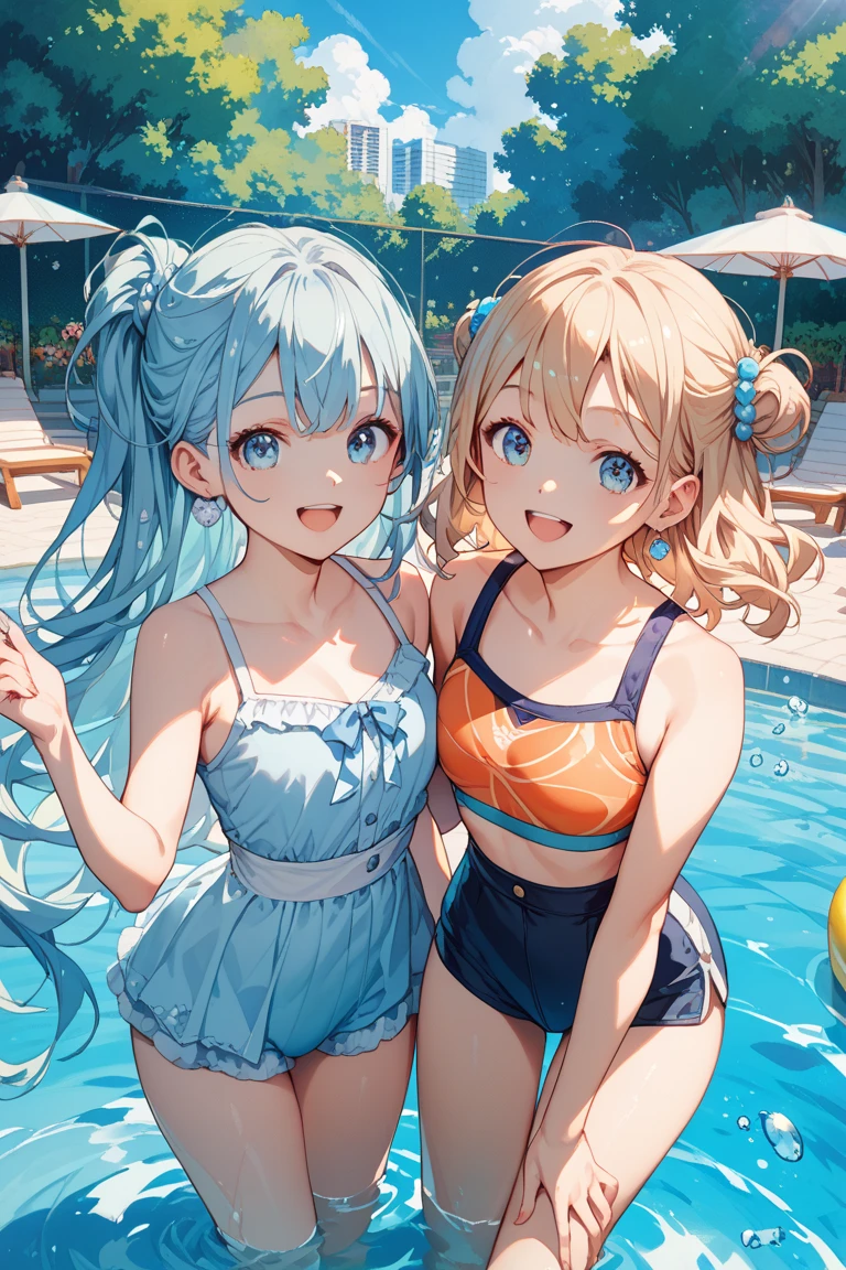 (masterpiece, best quality, absurdres), 2girls, sisters, aqua eyes, aqua hair, perky breasts, beach, summer, reflective water, rock, palm tree, sunlight, symmetrical docking, happy, laughing, bikini, looking at viewer, upper body, wading, wet, wet hair, wet swimsuit, shiny skin, water drop, sexually suggestive