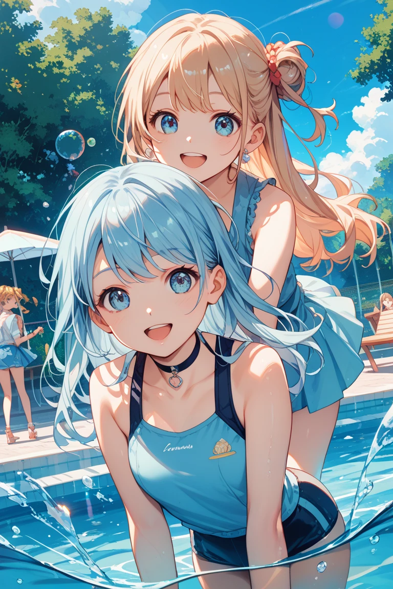 score_9, score_8_up, score_7_up,source_anime, high res image,masterpiece,best quality,girl,cute face,clear skin,shiny hair,ultra detailed eyes,Young、(Two girls、10 and 8 years old)、Small breasts,School Swimsuit、See-through、Beach、smile、play、sun、blue sky