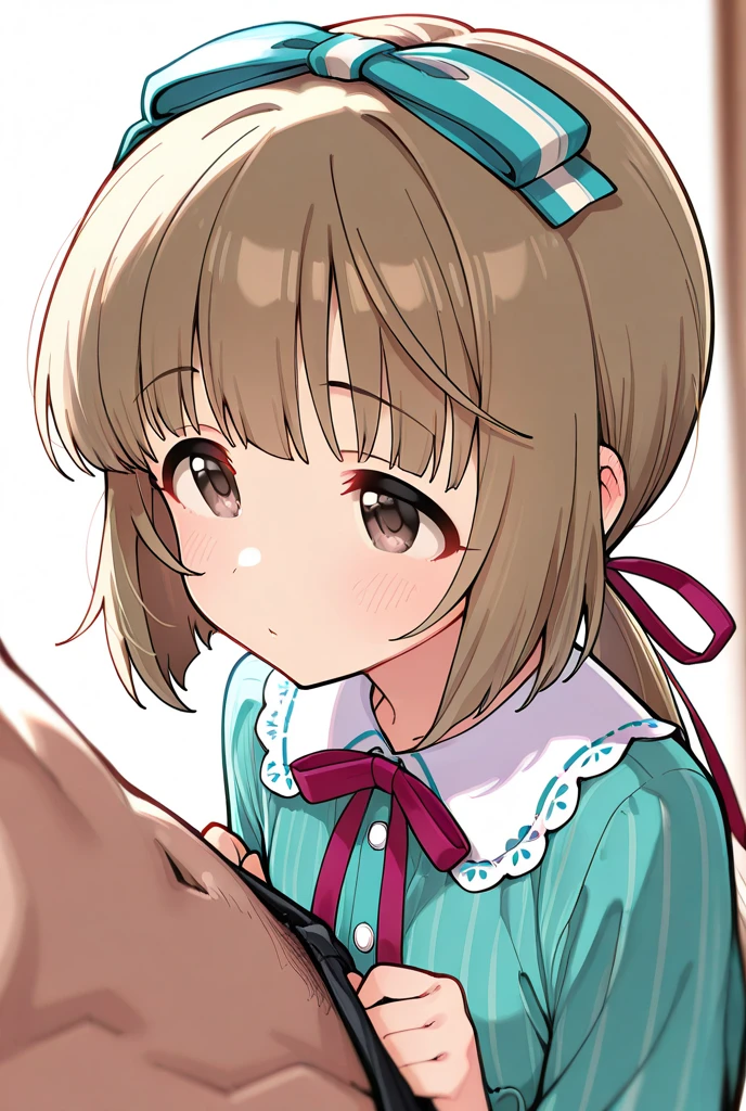 score_9, score_8_up, score_7_up, (anime colors:1.2), inukaikomugi, upper body, indoors, scholar bathroom, small breasts, petanko, kneeling, smile, blush, nose blush, blowjob, fellatio, 1 boy, penis, erect penis, penis in mouth, looking happy, surrounded by male students,