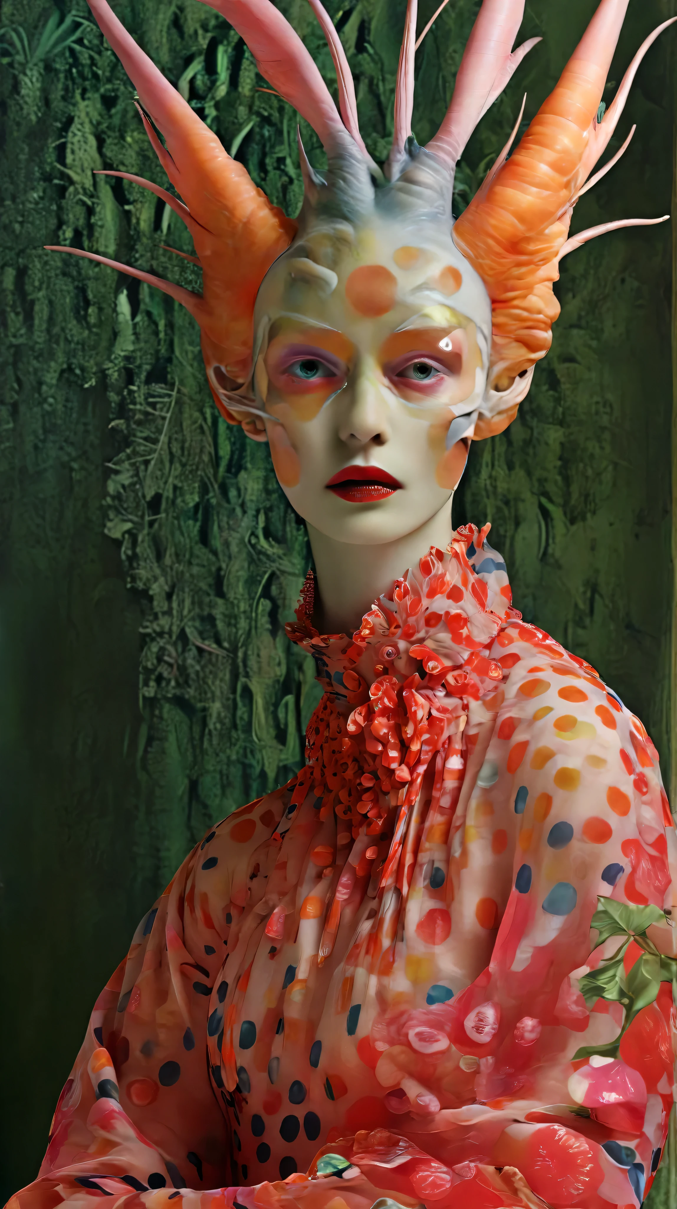 Tim Walker inspired, fashion photography, whimsical settings, surreal elements, creative storytelling, vibrant colors, (detailed face:1.05), hyperrealistic, photorealistic, until, masterpiece