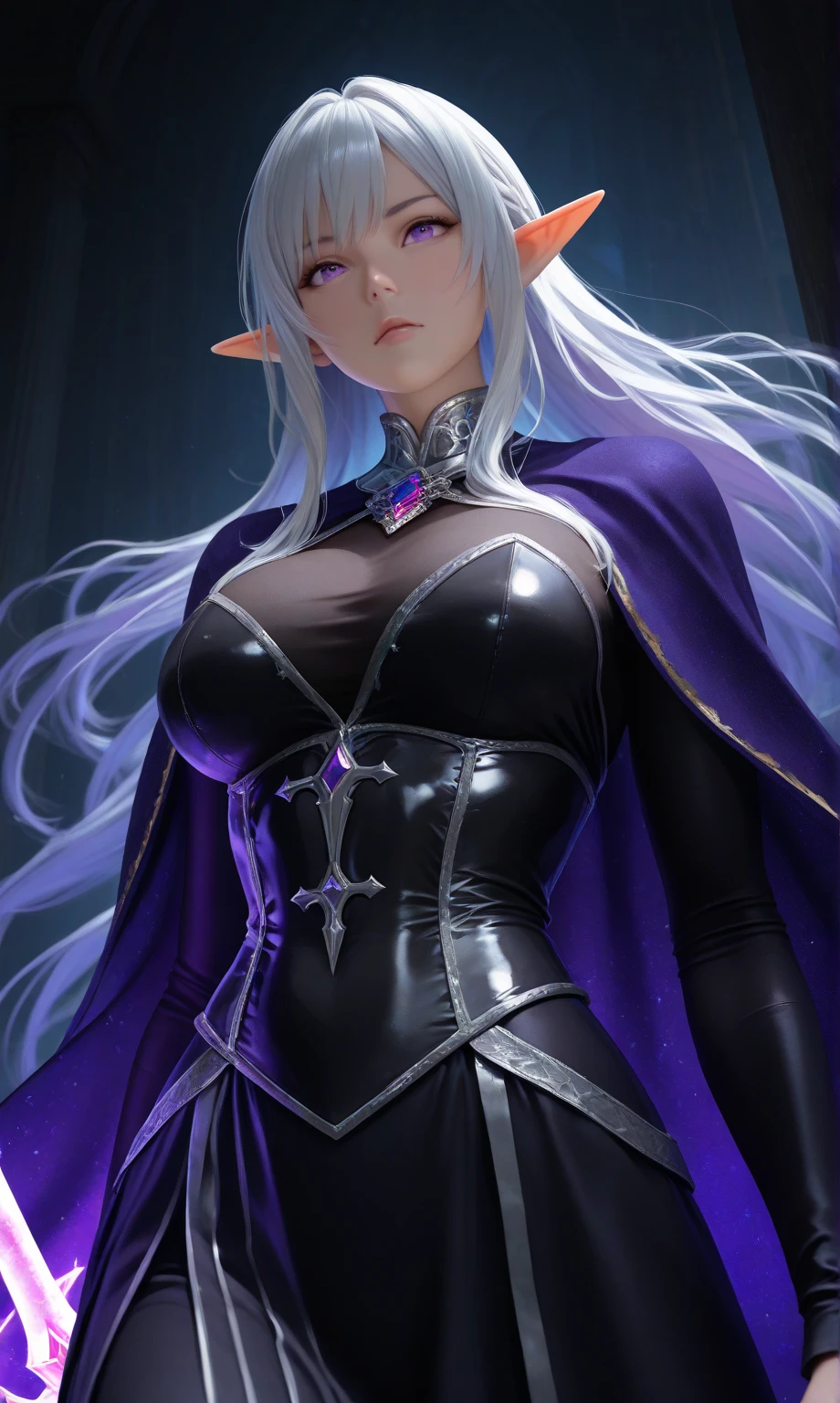 4k, fantasy art, photo realistic, dynamic lighting, artstation, poster, volumetric lighting, very detailed faces, award winning, 1girl, deep shadow, beautiful shot, purple dress, long hair, white hair, beautiful background, whole body capture, attractive pose,