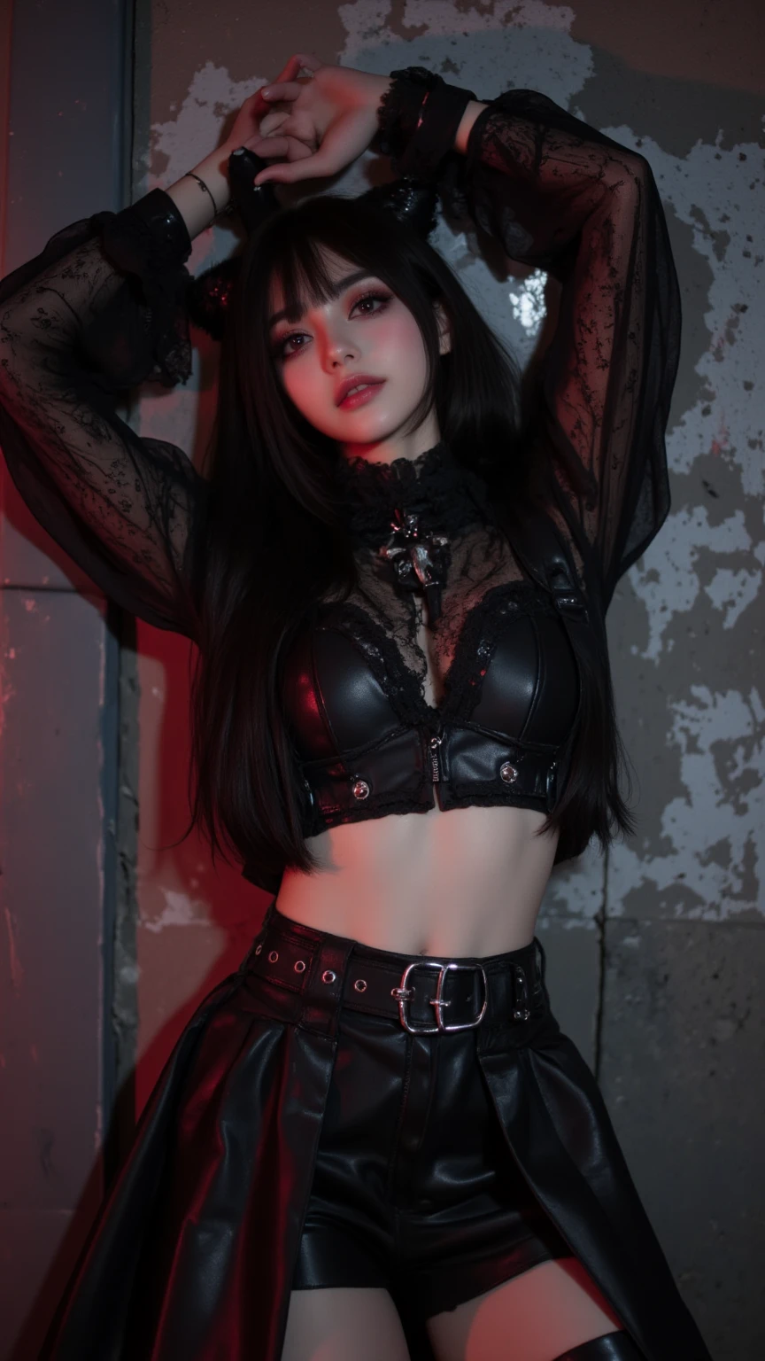 Vampire idol in gothic punk style..、big and full breasts、beautiful foot、、、Good style、、、Gothic punk black and red lolita fashion.（、a miniskirt）、、、Black hair with red mesh..、absolutely、cool expression、Illuminated by a red spotlight, united_dicephalus, (Two heads:1.2), whole body, posing, hand signals
