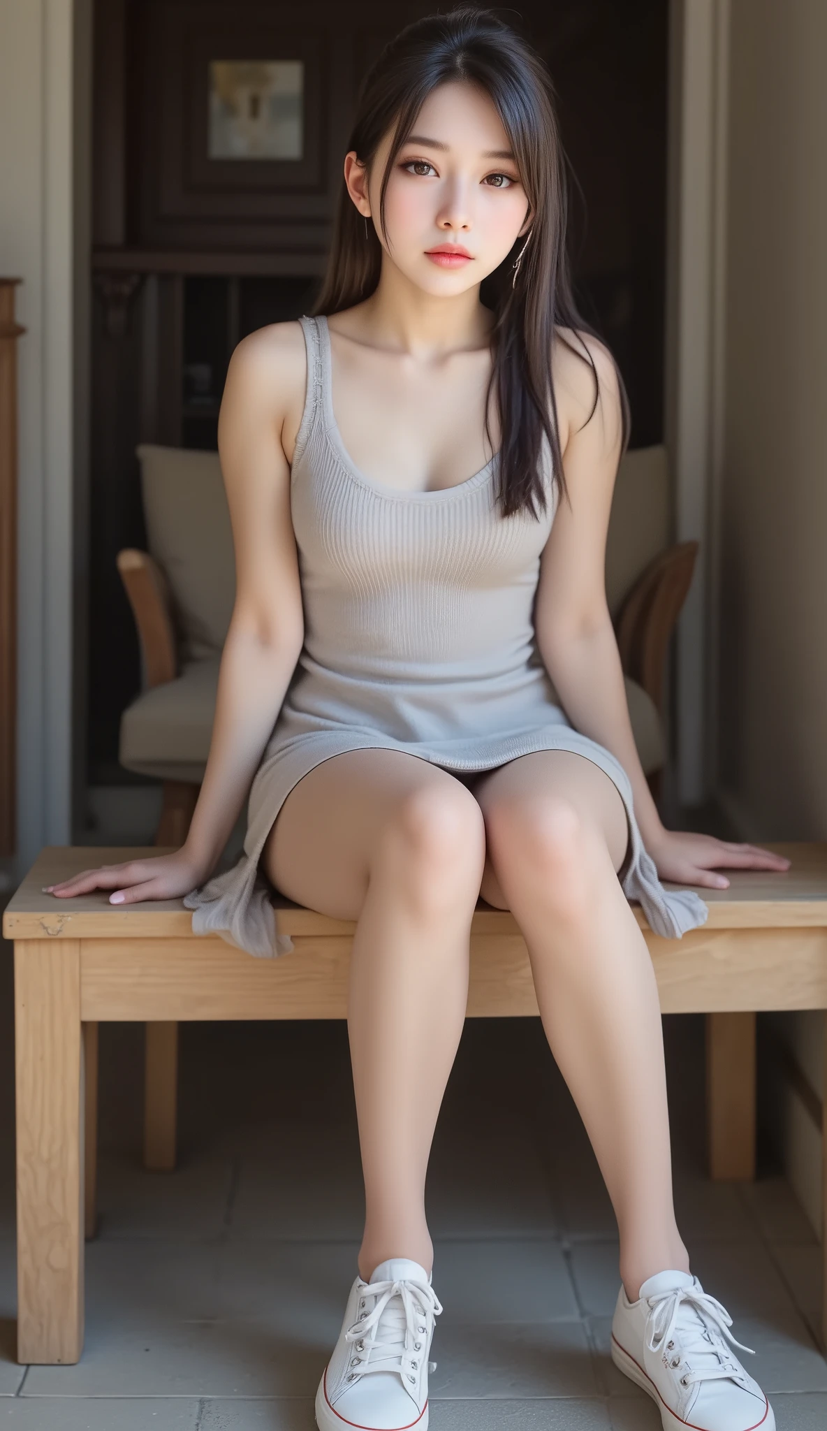 A slender woman with a small bust,Full nudity、delicate、Flat chested、Chair sitting、Spread your legs、Focus on the groin、Bondage、My arms are tied behind the back of the chair.、Covered in juice、Her legs are tied and she is hung high、Embarrassing appearance