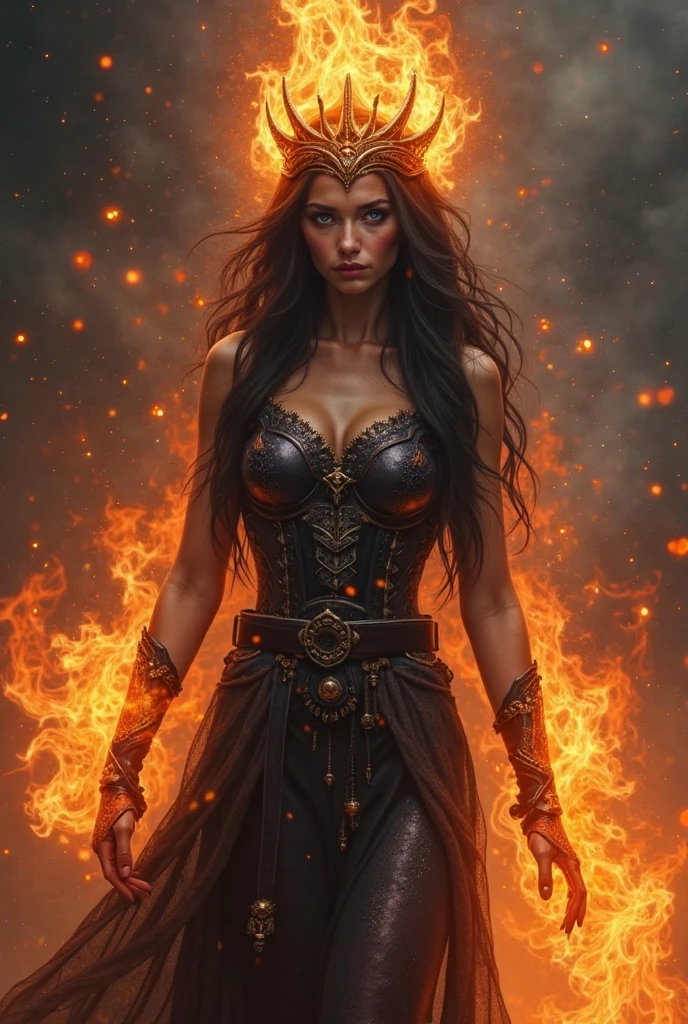 "(masterpiece: 1.2), 8K UHD resolution, Latina fire Goddess Adult model Daisy Marie, standing ethereal amidst a vast shimmering fire. Her silhouette merges with cascading blaze and lava streams. Wearing a detailed crown adorned with onyx, and a gown as translucent as liquid silk embellished with volcanic jewels and rocks. In her hand, she holds a trident, a symbol of her dominion over the sun. Her intense, glowing brown eyes capture the essence of the firey blaze, radiating an inner luminescence that beckons the mysteries of the sun."