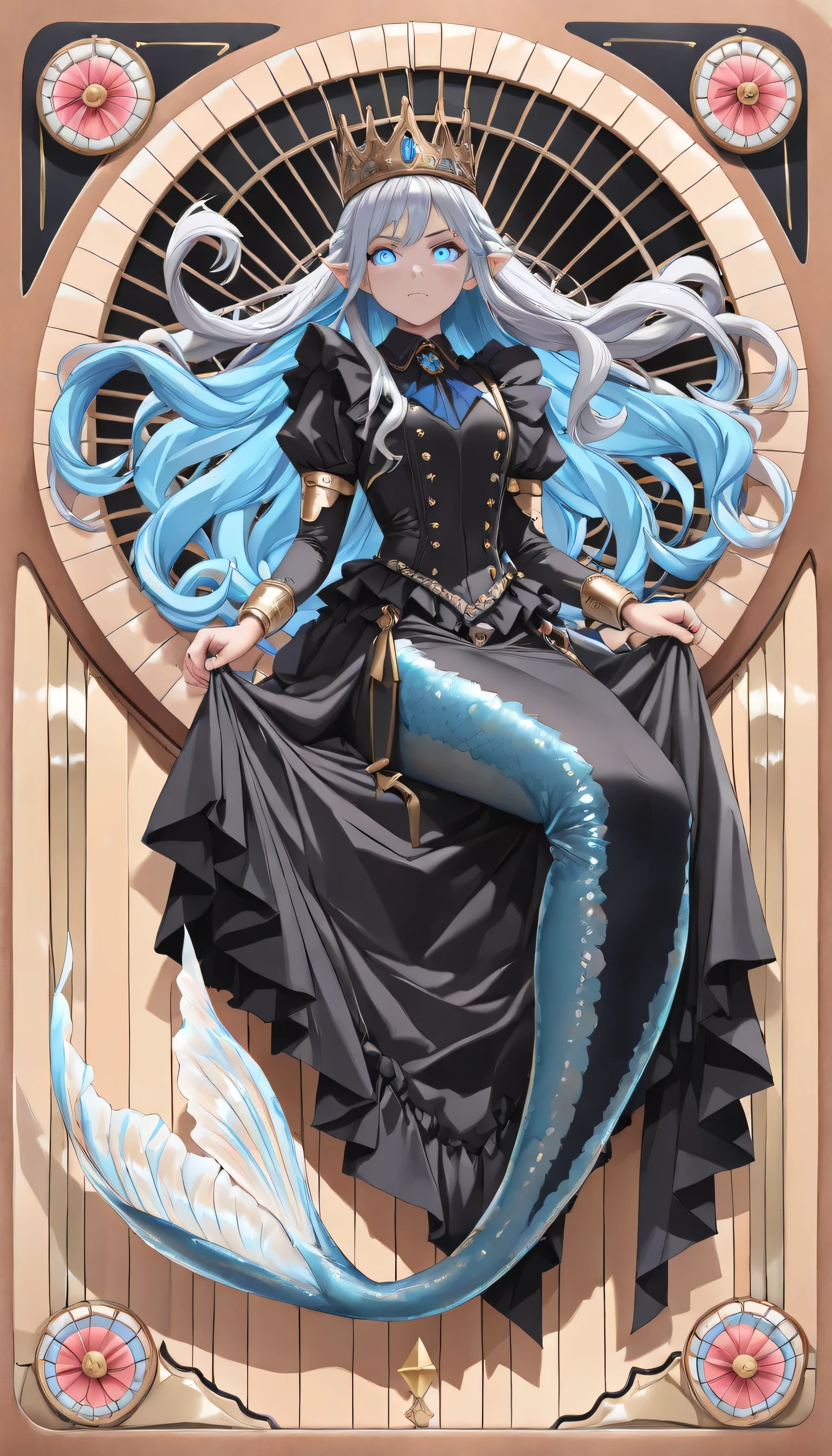 high details, best quality, 16k, ultra detailed, masterpiece, best quality, ((art deco style: 1.5)), full body, ultra wide shot, RAW, photorealistic, fantasy art, dnd art, rpg art, realistic art, an ultra wide picture of a mermaid princess in steampunk times, under the sea (intricate details, Masterpiece, best quality: 1.4) , female mermaid, (blue: 1.3) skin, (green: 1,3) hair, long hair, swirling hair, intense eyes, small pointed ears, ((blue eyes)), ((glowing eyes)), wearing (black:1.3) ((maid outfit)), she wears a crown studded with gems(intricate details, Masterpiece, best quality: 1.4), beautiful mermaid, you can see rich underwater life, fish, riff, dynamic fantasy blue beach background ((magical atmosphere)), high details, best quality, highres, ultra wide angle, ggmine, Dark Novel