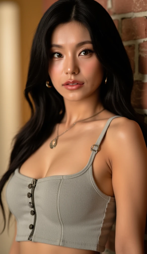 (Slightly wavy hair long, swooped over her shoulder, hair clip ), (Malaysia female), age 45, 8K, phototrealism, photorealism, portrait, 85mm lens, depth of field, delicate skin luster, blindfolded, plump lips, slim, (Haruka Ayase), turquoise camisole, prison, chained from earlobe to nose, wearing a collar for large dogs, ( wearing a septum), professional lighting, mini skirt