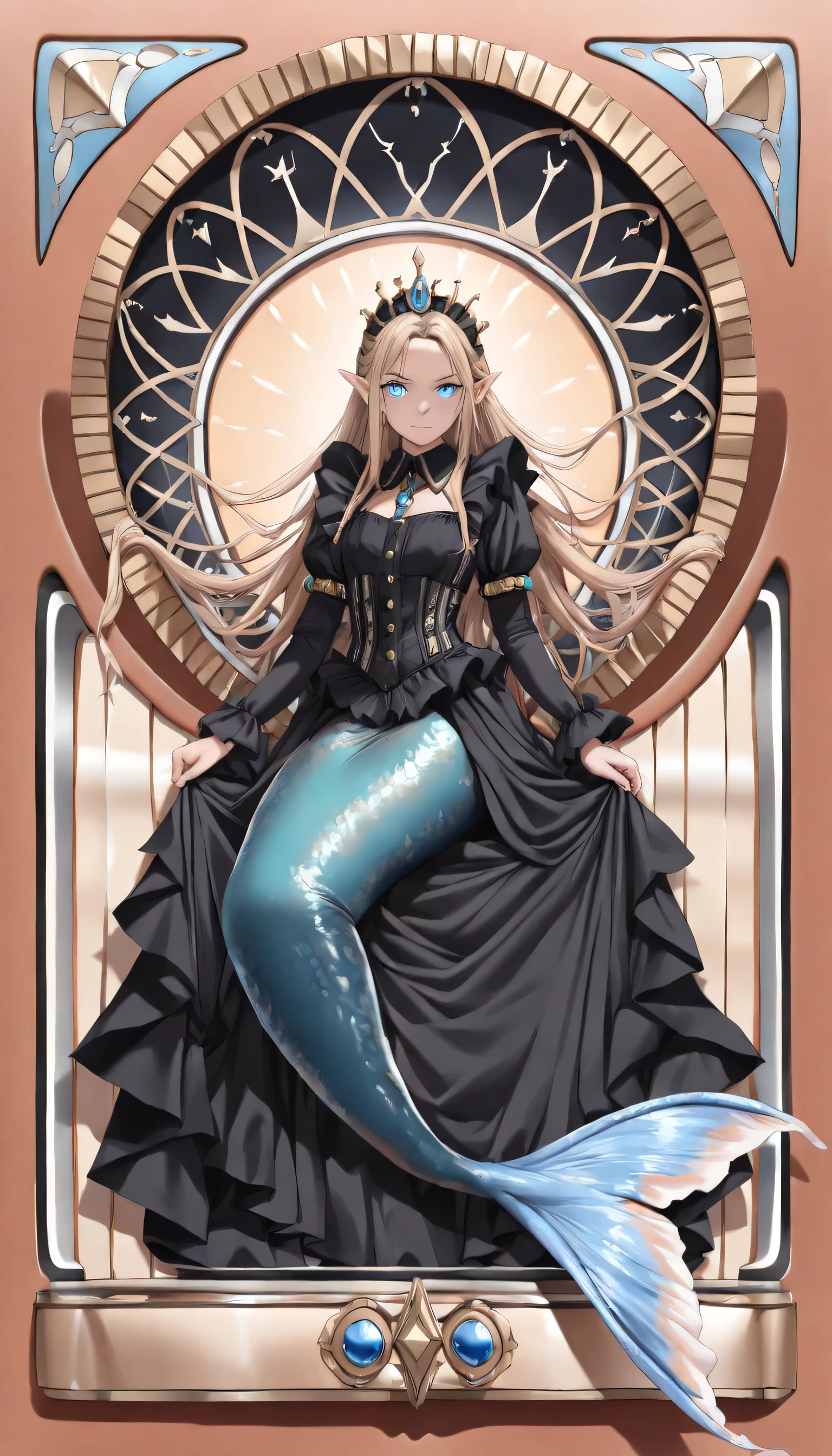 high details, best quality, 16k, ultra detailed, masterpiece, best quality, ((art deco style: 1.5)), full body, ultra wide shot, RAW, photorealistic, fantasy art, dnd art, rpg art, realistic art, an ultra wide picture of a mermaid princess in steampunk times, under the sea (intricate details, Masterpiece, best quality: 1.4) , female mermaid, (blue: 1.3) skin, (green: 1,3) hair, long hair, swirling hair, intense eyes, small pointed ears, ((blue eyes)), ((glowing eyes)), wearing (black:1.3) ((maid outfit)), she wears a crown  studded with gems(intricate details, Masterpiece, best quality: 1.4),  beautiful mermaid, you can see rich underwater life, fish, riff, dynamic fantasy blue beach background ((magical atmosphere)), high details, best quality, highres, ultra wide angle, ggmine, Dark Novel