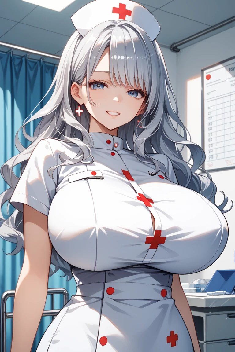 SFW, (nurse clothes, keyhole cleavage), (gigantic breasts, huge breasts, Big breast), arms behind back, firm breasts, slim waist, curvy figure, (white_hair, red_eyes), very long ponytail