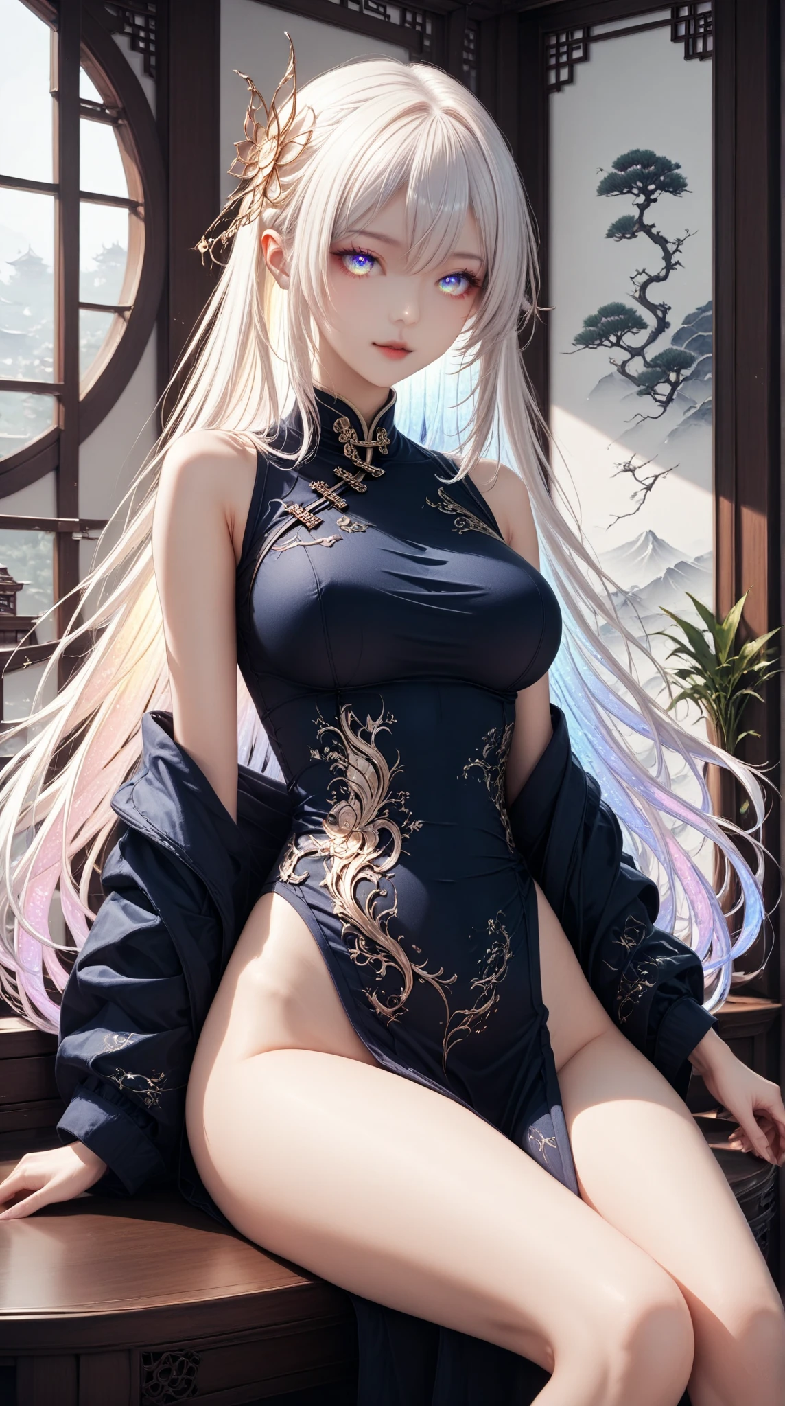 ((4K, masterpiece, highest quality)), ink painting, Chinese traditional ink painting, han clothing, maxi kit, modest clothing, 1 girl, solo, gray hair, long hair, Caucasian person, bikini, looking at the beholder, bullying, official art, unity 8k wallpaper, ultra detailed, beautiful and cool, beautiful, masterpiece, best quality, a girl has beautiful face, looking at viewer, long hair, big hip , perfeect kawaii face, slender body, beautiful body, sexy pose, from bellow, abs, (huge boobs, large breasts, big tits:1.3), saggy boobs
