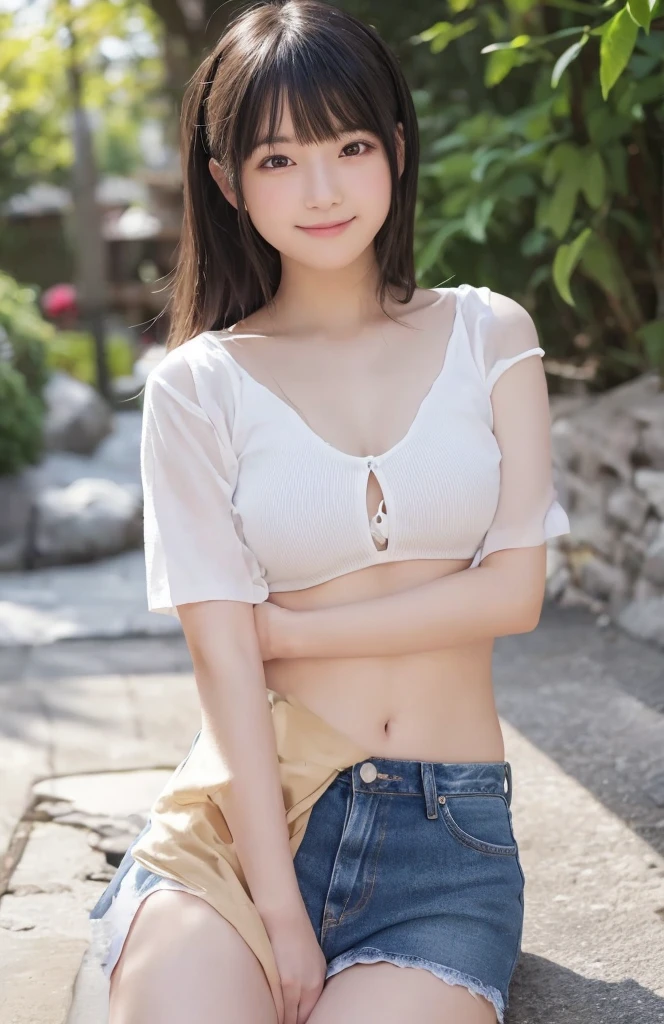 (8k、Raw photography、Highest quality、masterpiece:1.2),(Black Hair、Dark Eyes:1.9),(:1.7)、View your audience,Viewed from the front,White skin,(ponytail:1.4)、(Tight waist:1.6)、(Clothes that accentuate the shape of the breasts:1.4)、(Big Breasts :1.6)、Slim figure、Ultra-high resolution,beautiful,beautiful fece,(One person、No background:1.9),whole bodyボディー,Japanese women,(reality的:1.37)、Photon Mapping,reality、(Baby-faced and cute: 1.4)、(Cute Smile: 1.8)、(Round face: 1.8)、Radio City、Physically Based Rendering、Depth of field rally background、photograph, (I can see your knees、Thigh close-up:1.8),(:1.6),whole body、Great quality