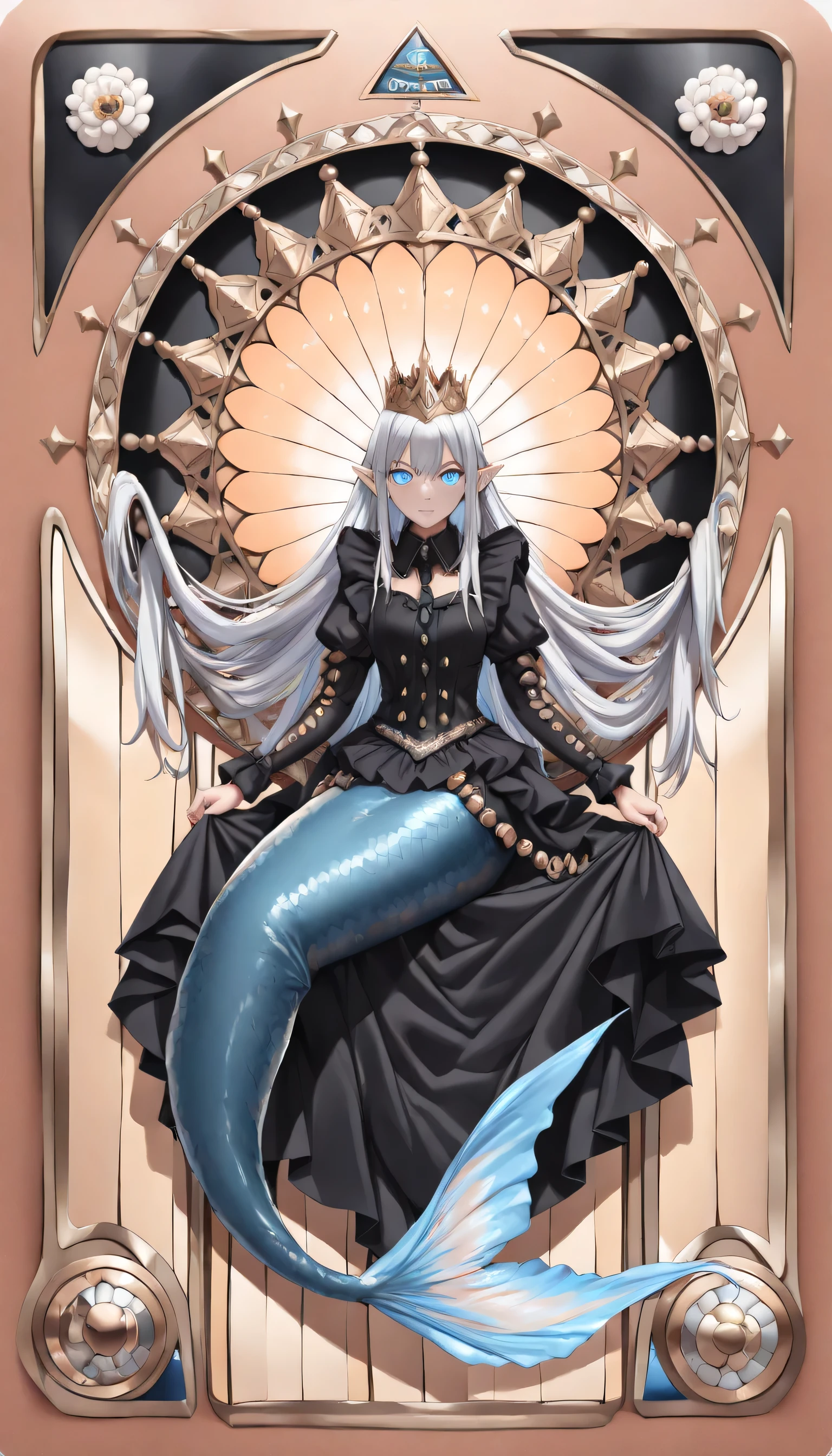 high details, best quality, 16k, ultra detailed, masterpiece, best quality, ((art deco style: 1.5)), full body, ultra wide shot, RAW, photorealistic, fantasy art, dnd art, rpg art, realistic art, an ultra wide picture of a mermaid princess in steampunk times, under the sea (intricate details, Masterpiece, best quality: 1.4) , female mermaid, (blue: 1.3) skin, (green: 1,3) hair, long hair, swirling hair, intense eyes, small pointed ears, ((blue eyes)), ((glowing eyes)), wearing (black:1.3) ((maid outfit)), she wears a crown studded with gems(intricate details, Masterpiece, best quality: 1.4), beautiful mermaid, you can see rich underwater life, fish, riff, dynamic fantasy blue beach background ((magical atmosphere)), high details, best quality, highres, ultra wide angle, ggmine, Dark Novel