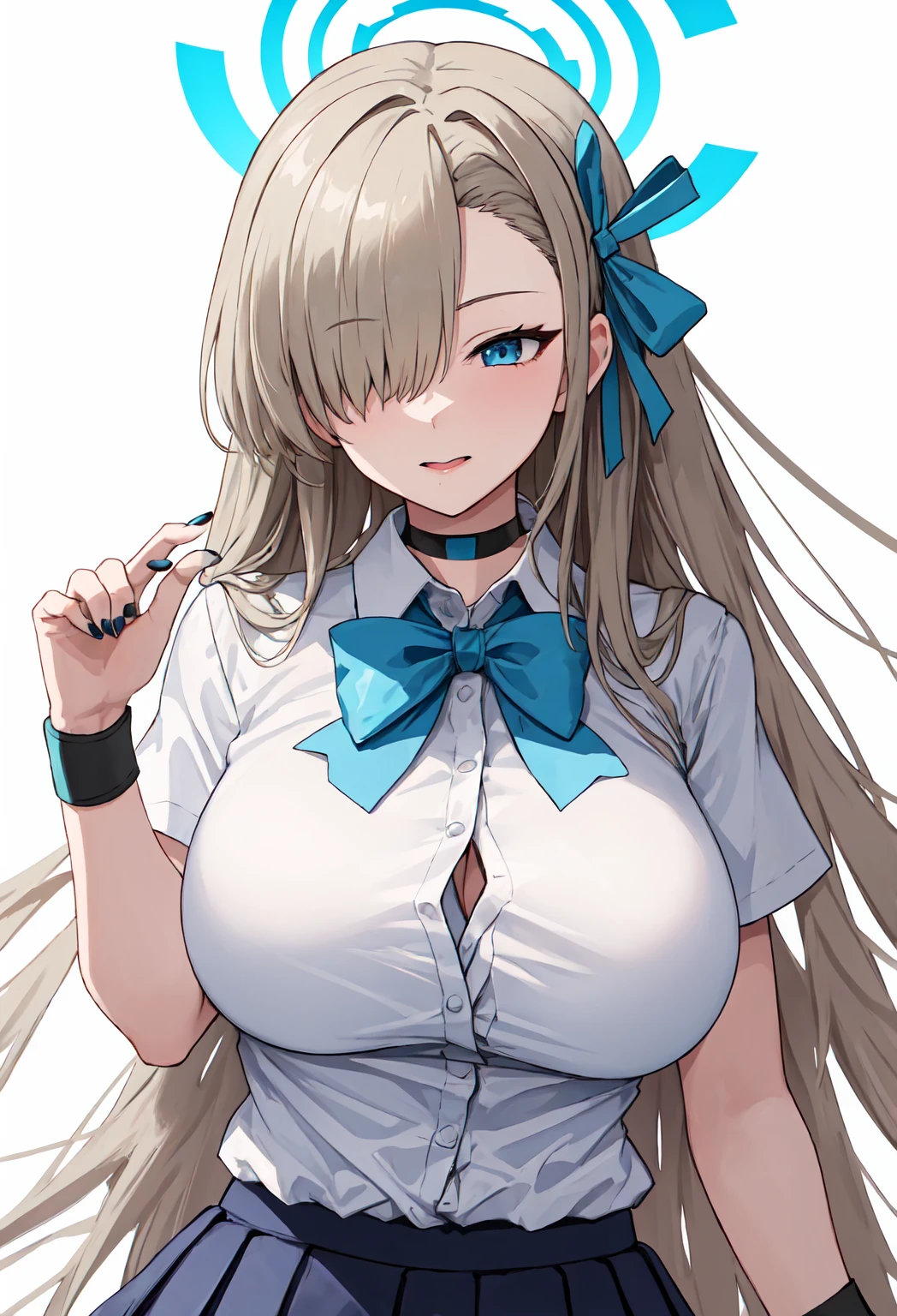 <lora:asuna_ba:1> 
asuna ba, bow, looking at viewer, ribbon, long hair, thighs, collared shirt, light brown hair, mole on breast, smile, wrist scrunchie, huge breasts, leaning forward, hair ribbon, hair over one eye, pleated skirt, white shirt, halo, very long hair, solo, blue eyes, 1girl, shirt, blush, bowtie, choker, white background, skirt, simple background, school uniform, cleavage, grin