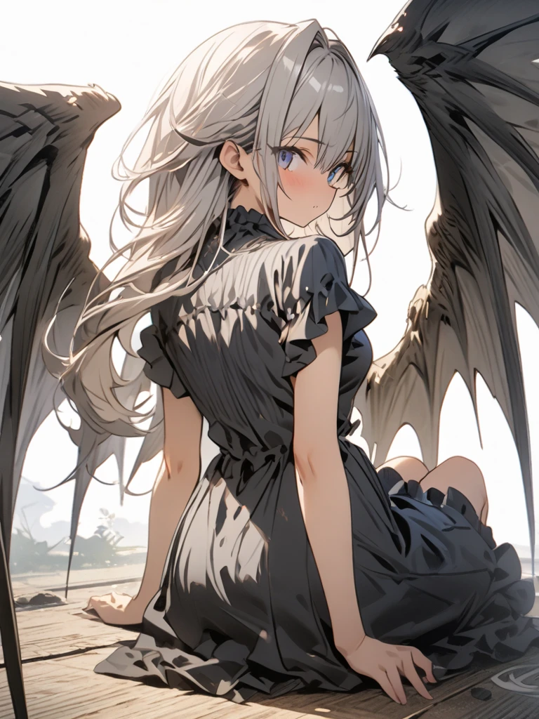 1 demon girl, 10 year old loli, solo, cute smile, long white hair, pale skin, small breasts, cute panties, dark sweater, white thighhighs, red rough texture horns, yellow eyes, fantasy, dramatic lighting, hell scenery, blushing, best quality, masterpiece,