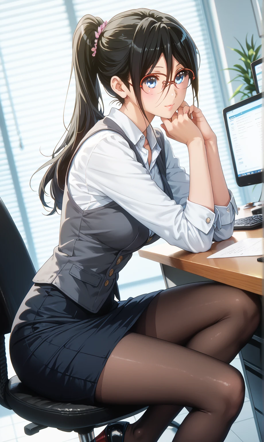 1lady solo, sitting, (from above), office worker, ((blue vest) over white dress shirt), mature female, /(dark brown hair/), kind smile, (masterpiece best quality:1.2) delicate illustration ultra-detailed, large breasts, ((Brown pantyhose)),bowtie BREAK (modern office) indoors, (reception desk), entrance, detailed background