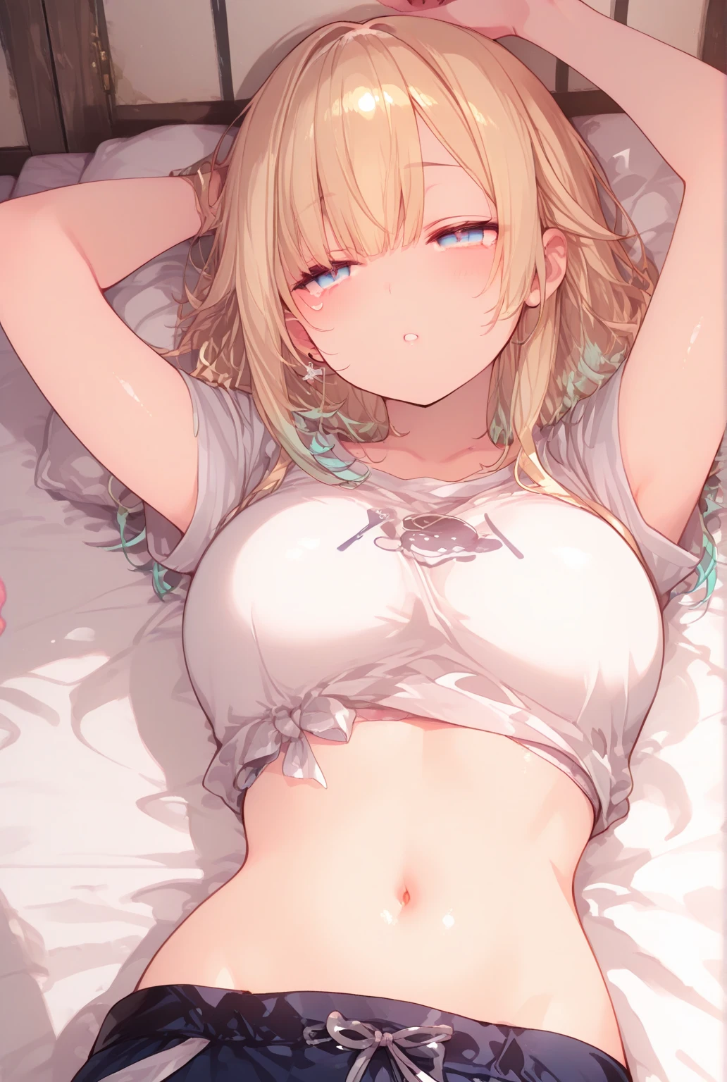 masutepiece、hight resolution、1girl in、in one's underwear only、Cute lingerie、large full 、Lying on your back in bed、Cute anime illustration、