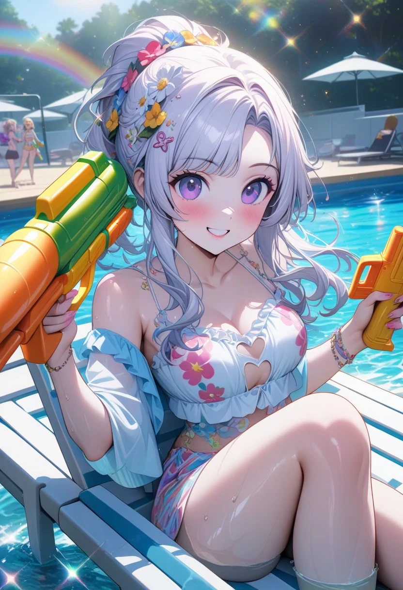8K,gal,an extremely delicate and beautiful,Beautiful and realistic skin,Shiny jewel-like earrings,Long colorful hair,beautiful eyes,full body,head to toe,beautiful regs,bikini
,summer music festival,water gun
