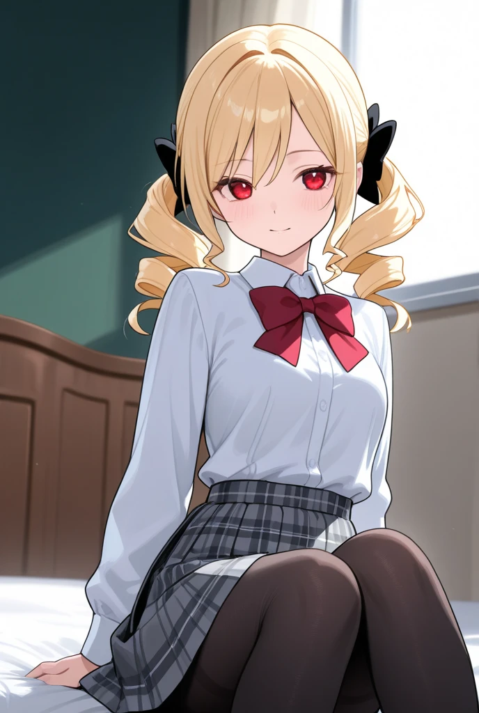 masterpiece, best quality, 1 girl, Angelica, blonde hair, single hair bun, red eyes, medium hair, school uniform, black jacket, dress shirt, red neck ribbon, grey pleated skirt, miniskirt, black pantyhose, blush, light smile, medium breasts