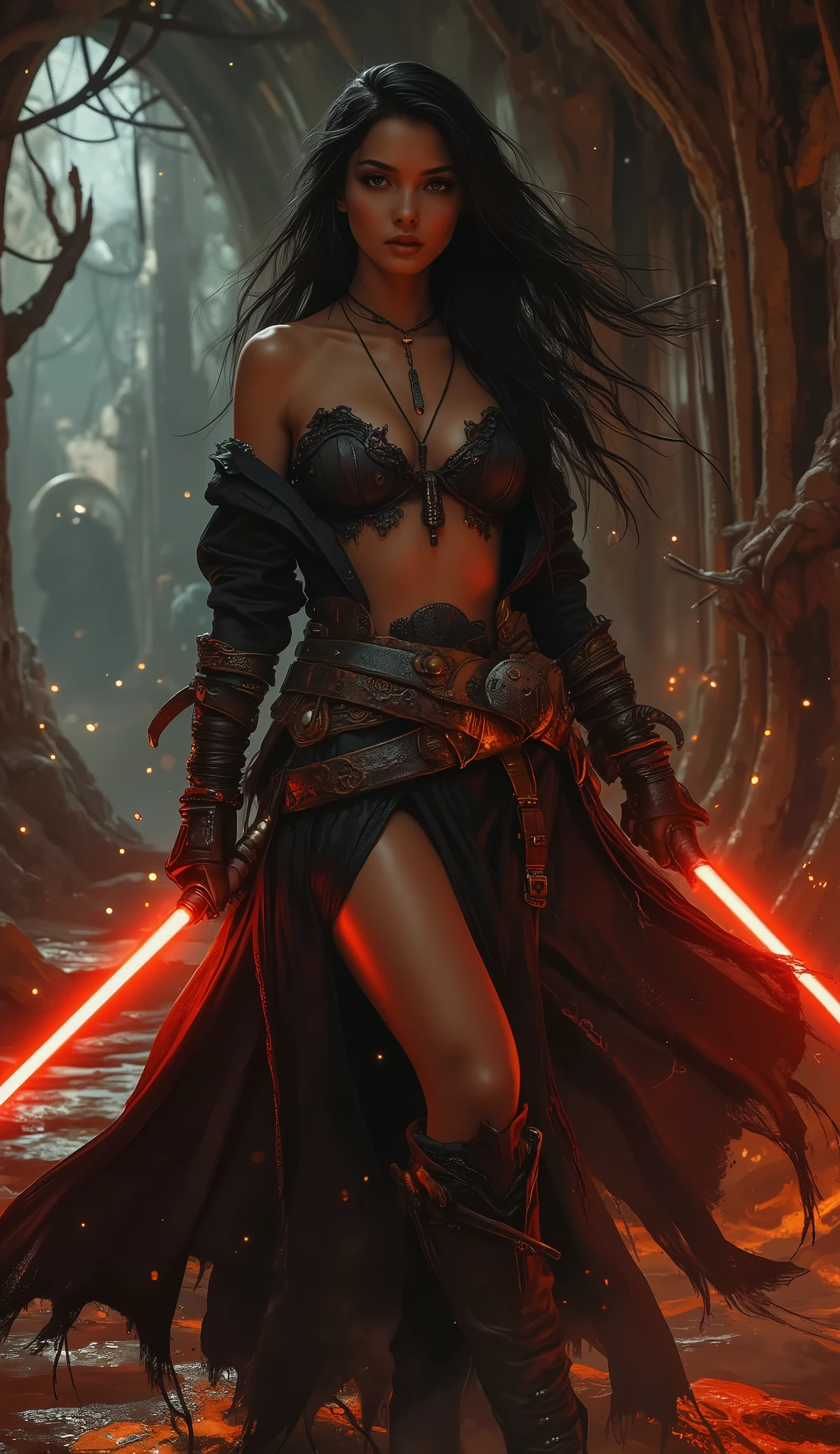 Score_9, score_8_up, score_7_up, Comic sex art, Luis Royo's style, A striking scene with a stunning naked woman posing confidently in a dramatic setting. Her outfit consists of a revealing black Sith-style coat, with a detailed leather belt featuring intricate designs. She is holding a glowing red lightsaber, illuminating the surroundings with a warm light. A pendant hangs around her neck, complementing the overall theme. The backdrop is a dimly lit, mysterious environment with abstract structures and dim lighting that adds intrigue. The lighting casts soft shadows, creating a captivating and intense atmosphere.